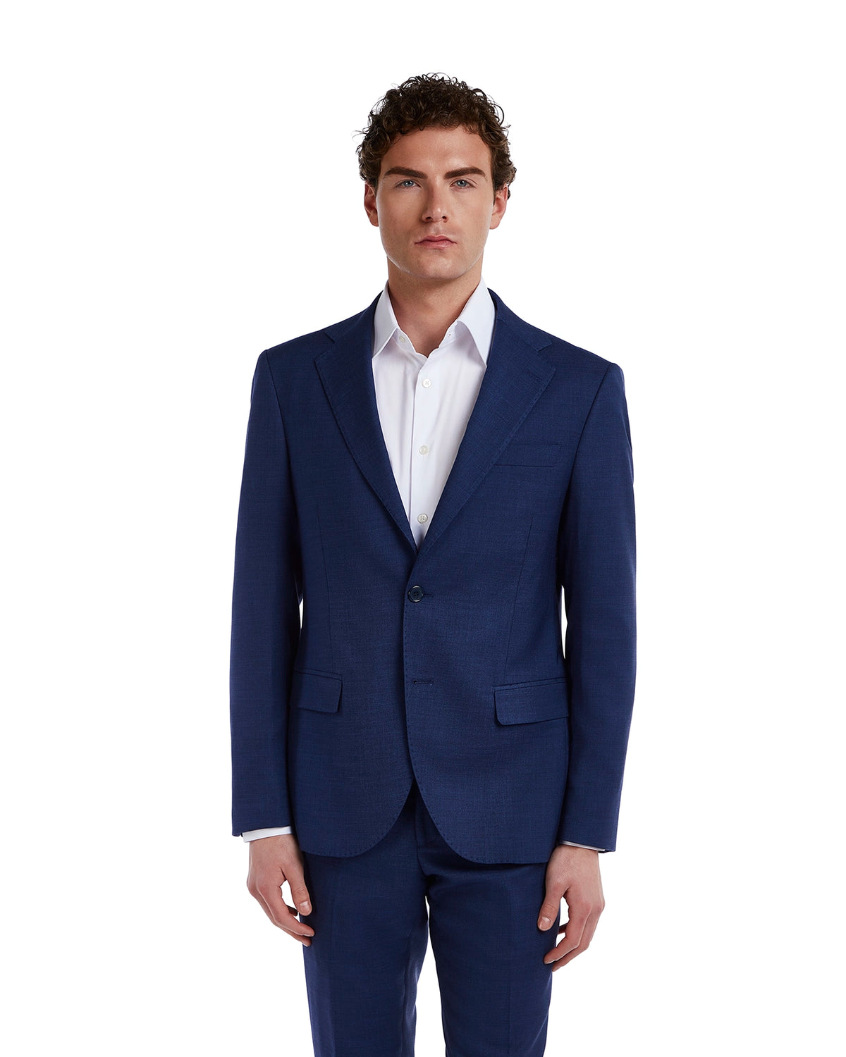 Men's slim-fit navy blue suit jacket in lightweight fabric, featuring a notch lapel and single-button closure.