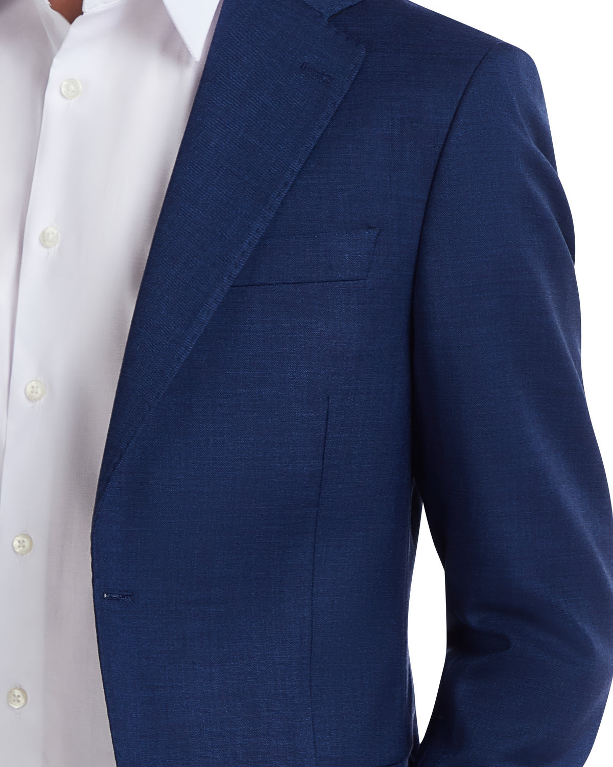 Navy blue tailored blazer in lightweight fabric, featuring a sleek notch lapel and single chest pocket.