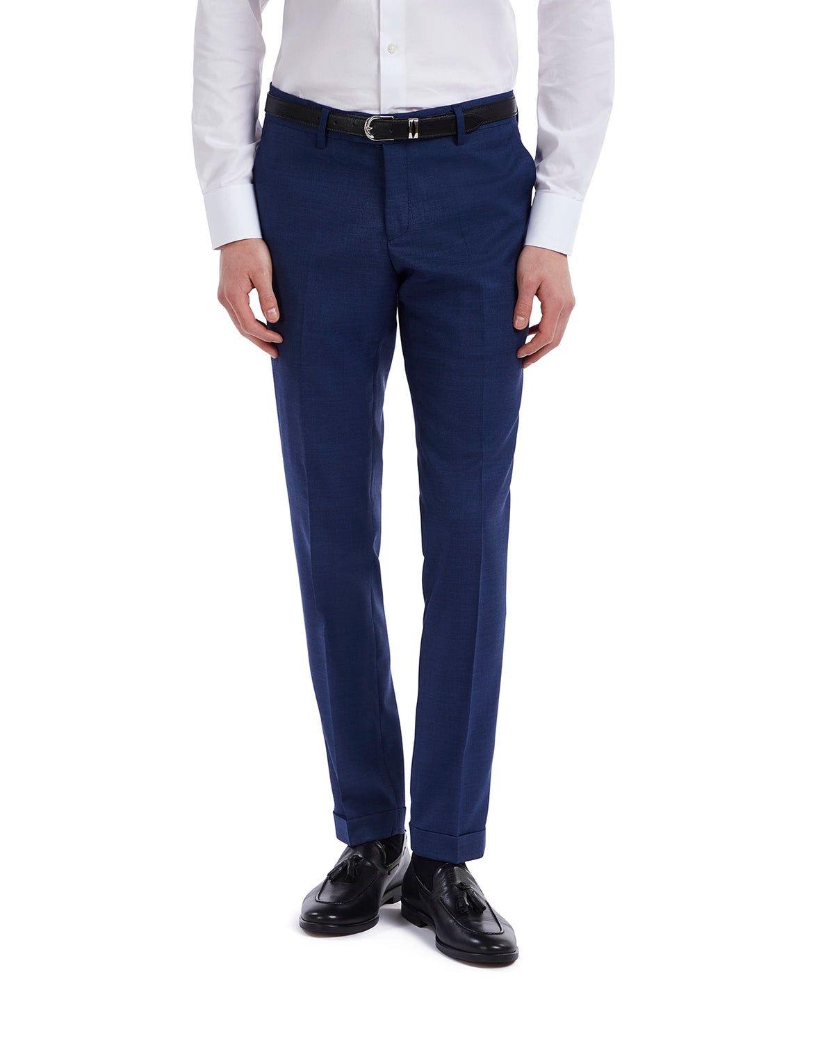 Men's tailored navy blue dress pants made of lightweight fabric, featuring a slim fit and a classic belt.