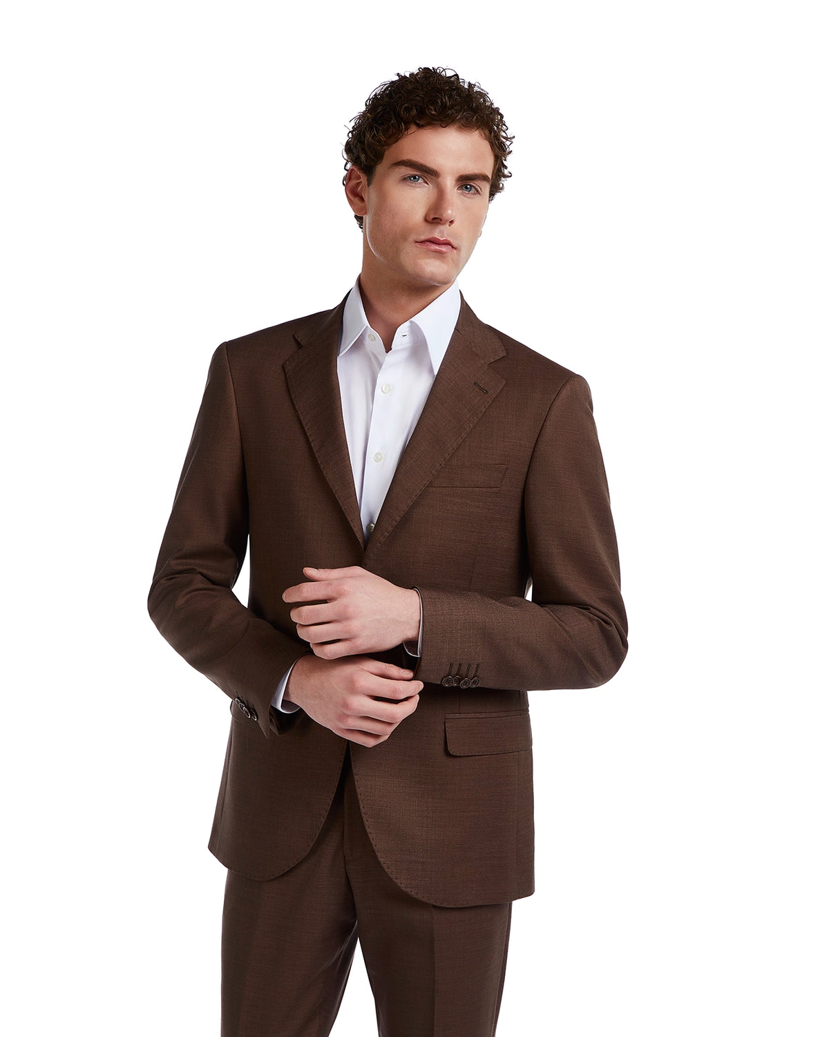 Men's brown tailored suit with fine texture, featuring a notch lapel and single-breasted design. Perfect for formal occasions.