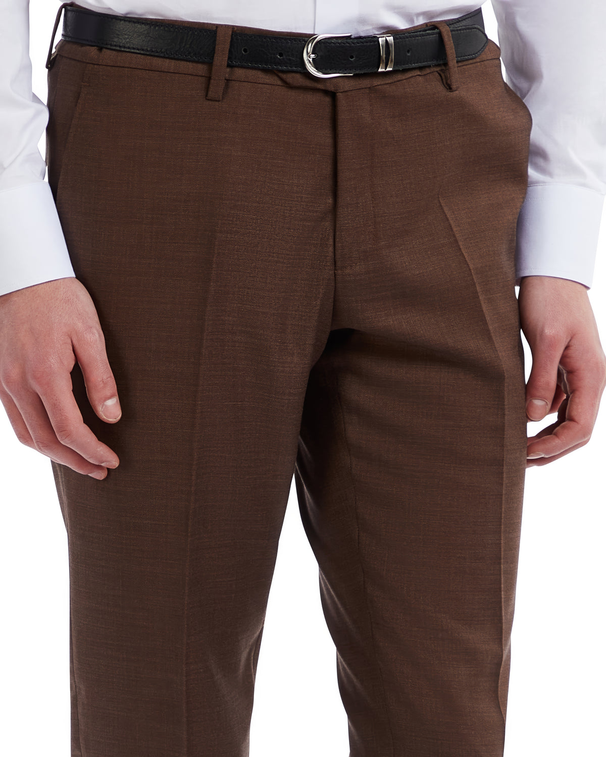 Brown tailored dress pants with subtle texture, paired with a black leather belt, perfect for formal or business attire.