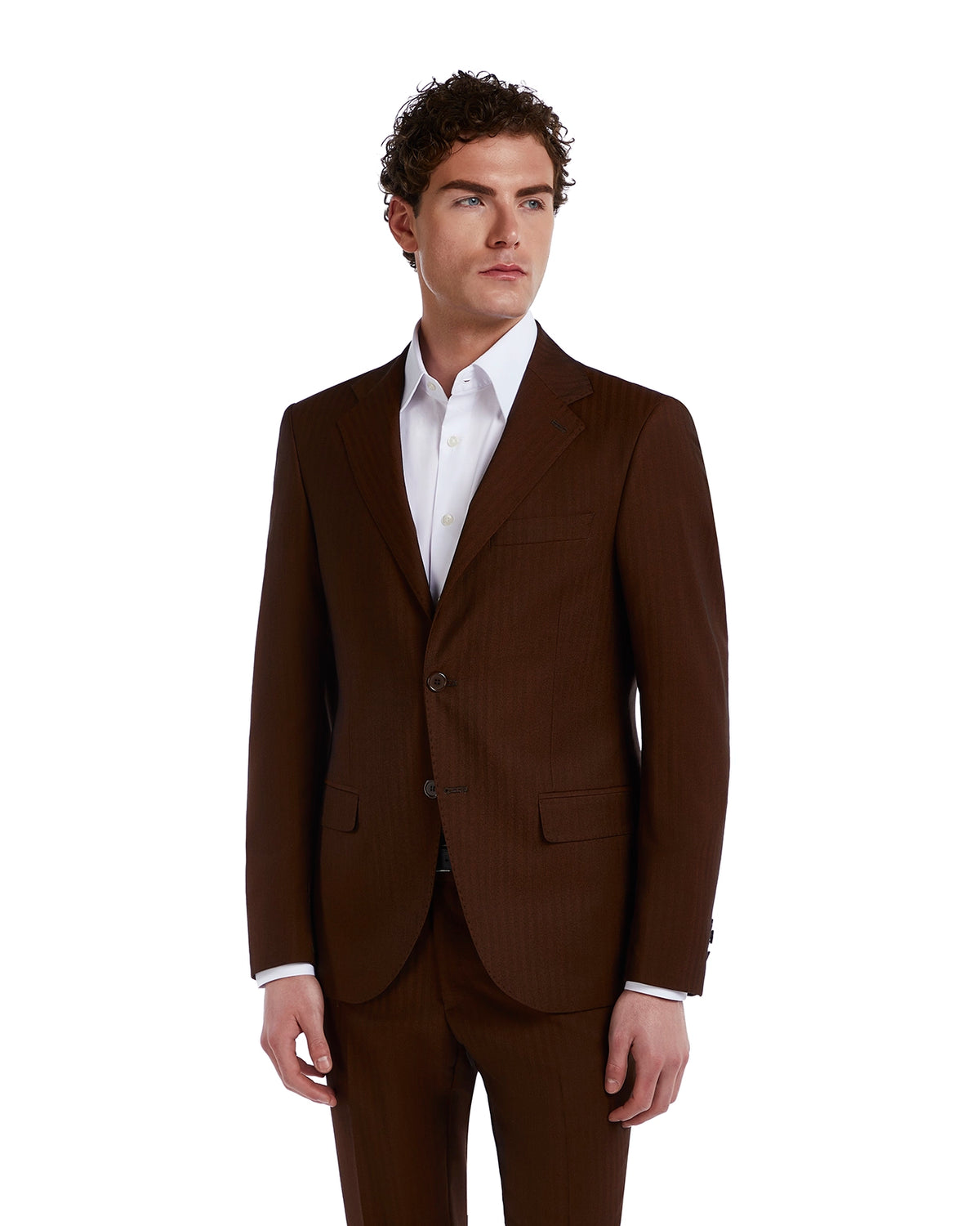 Men's brown pinstripe suit, tailored fit, with a white dress shirt, perfect for formal occasions.