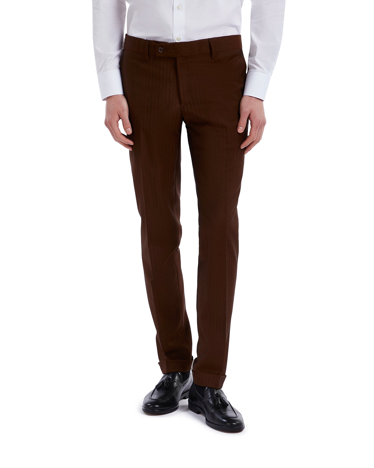 Brown striped dress pants in a slim fit, made of soft fabric, perfect for formal occasions.