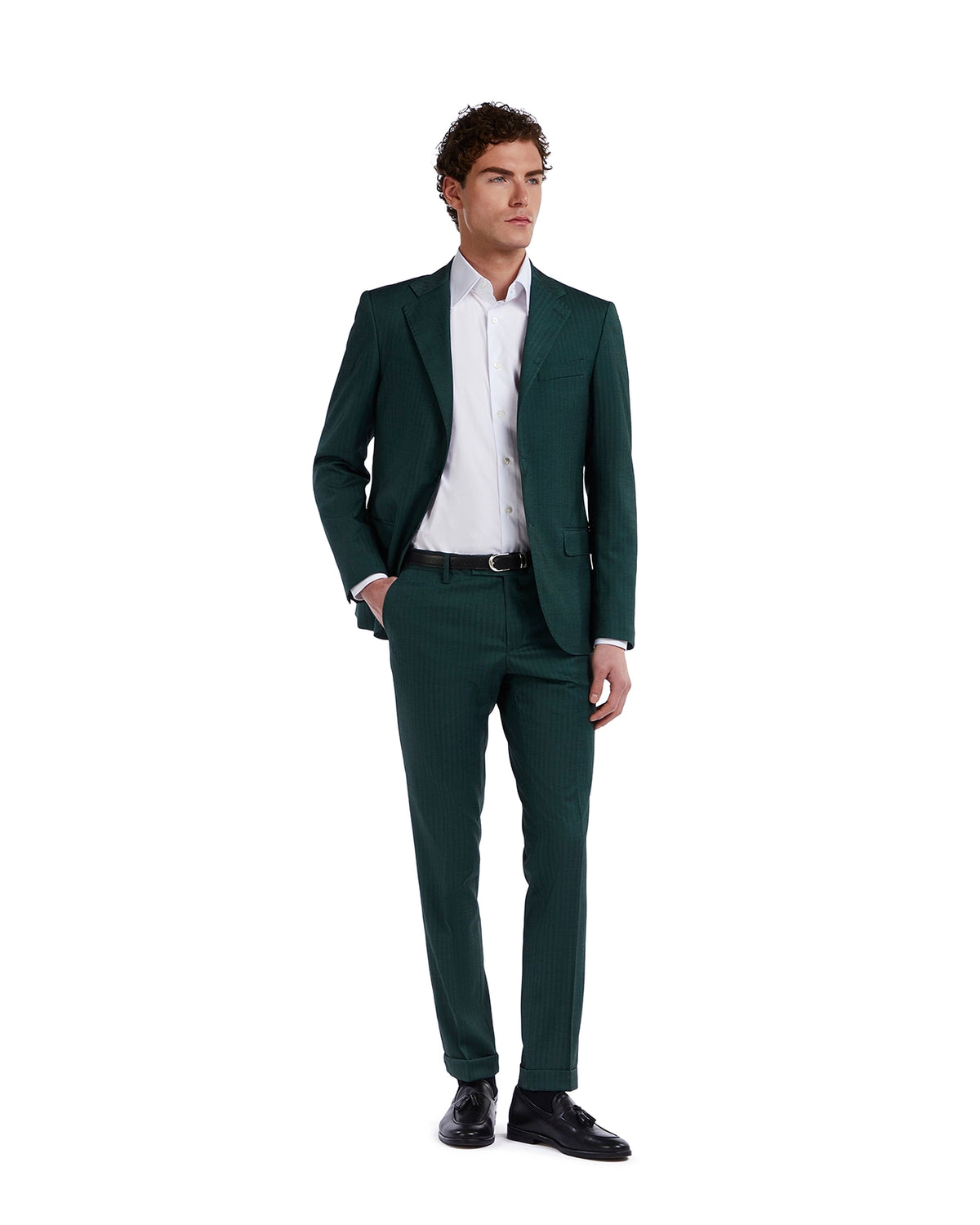 Men's dark green tailored suit in lightweight fabric, featuring a modern slim fit and paired with a white shirt.
