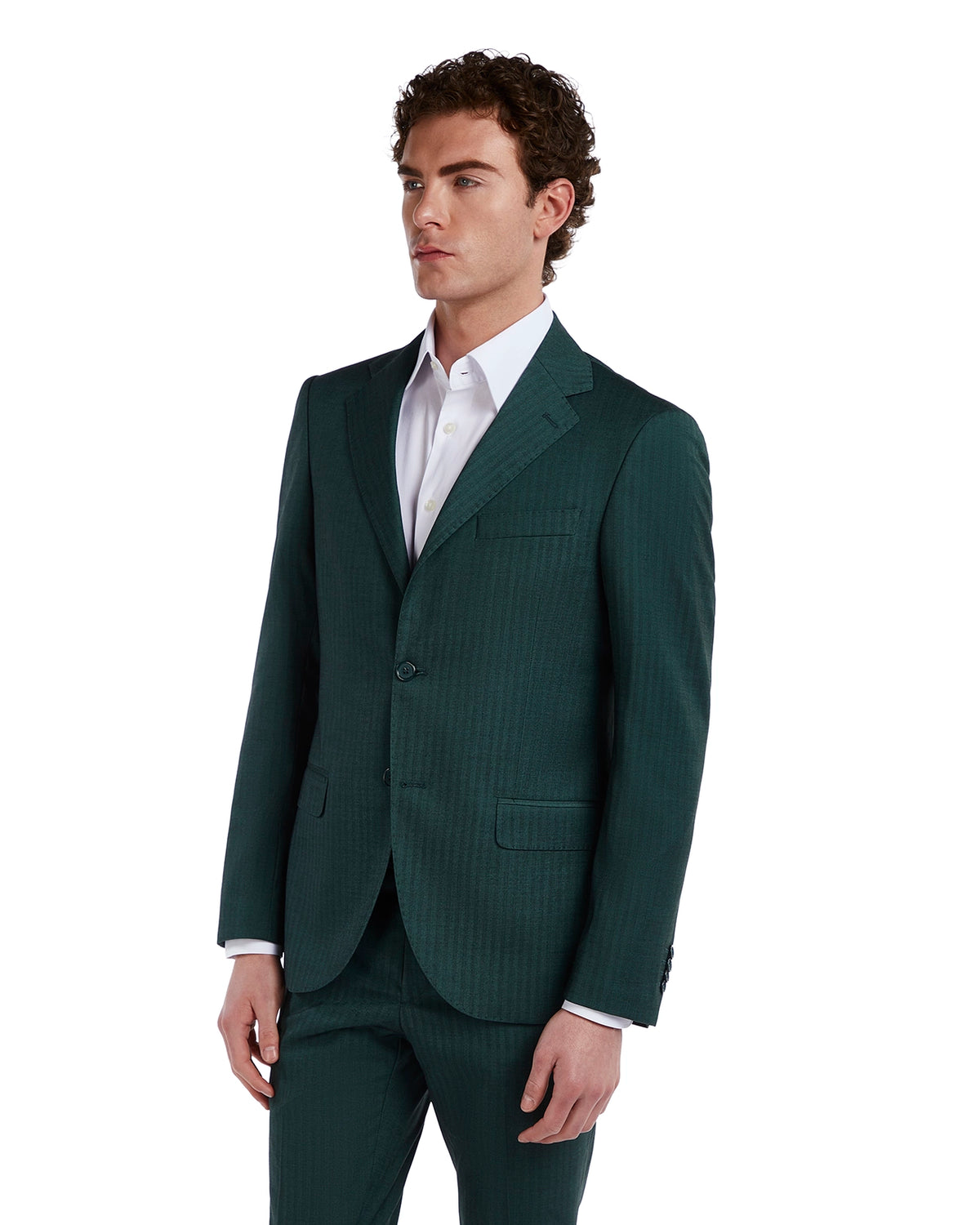 Men's green pinstriped suit jacket in smooth wool blend, tailored fit with single-breasted design and notch lapels.