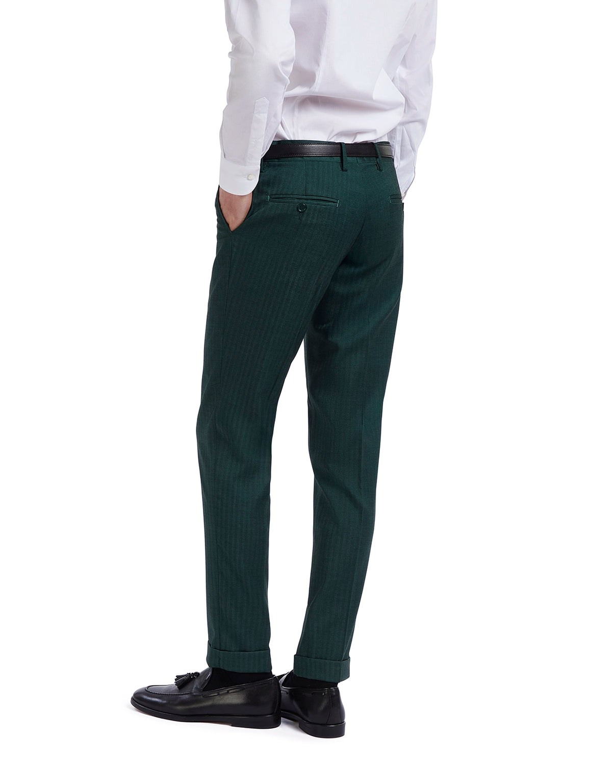 Men's green striped dress pants in a tailored fit, crafted from lightweight fabric, perfect for formal occasions.