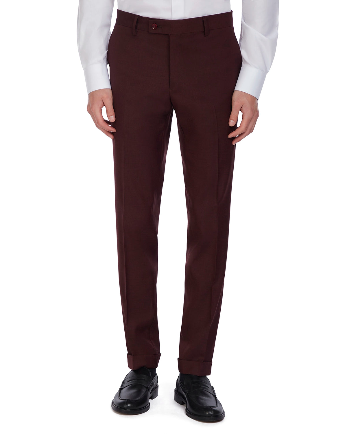 Men's burgundy slim-fit trousers, crafted from lightweight fabric, perfect for formal or smart-casual occasions.