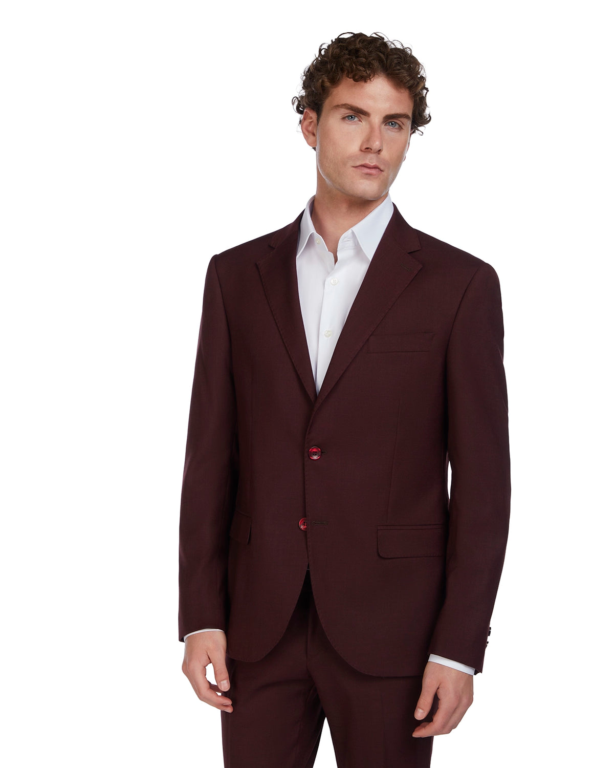 Men's burgundy tailored suit jacket, made from premium wool, featuring a classic fit and single-button closure.