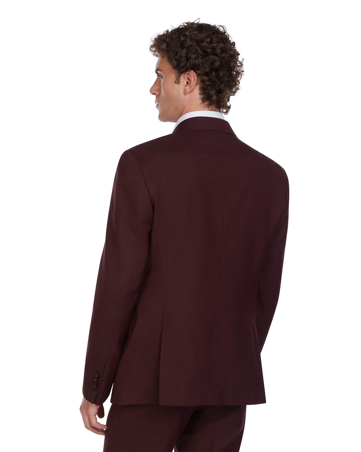 Men's burgundy tailored suit jacket, featuring a sleek silhouette and premium fabric, ideal for formal occasions.