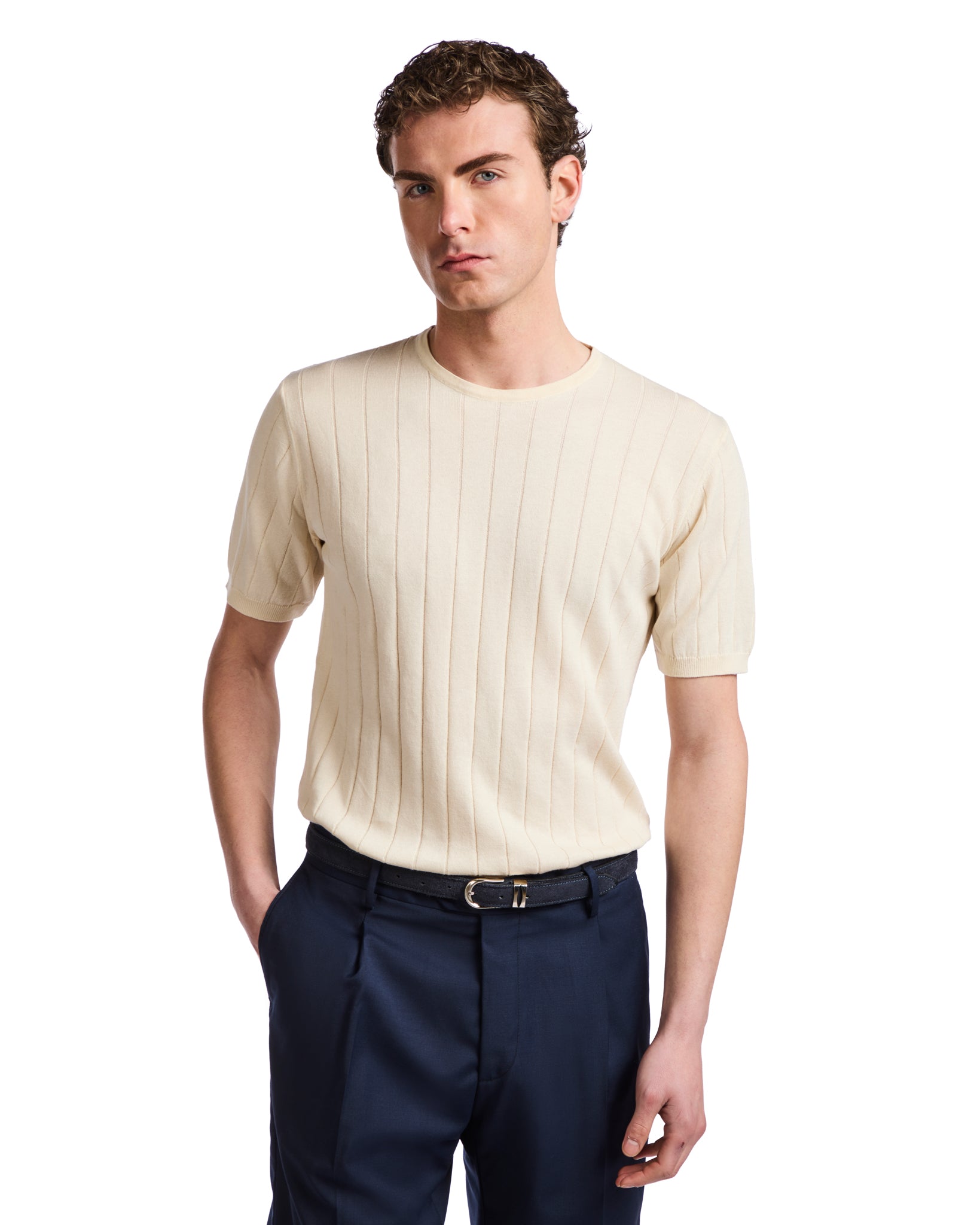 Adriano ribbed knit T-shirt in cream