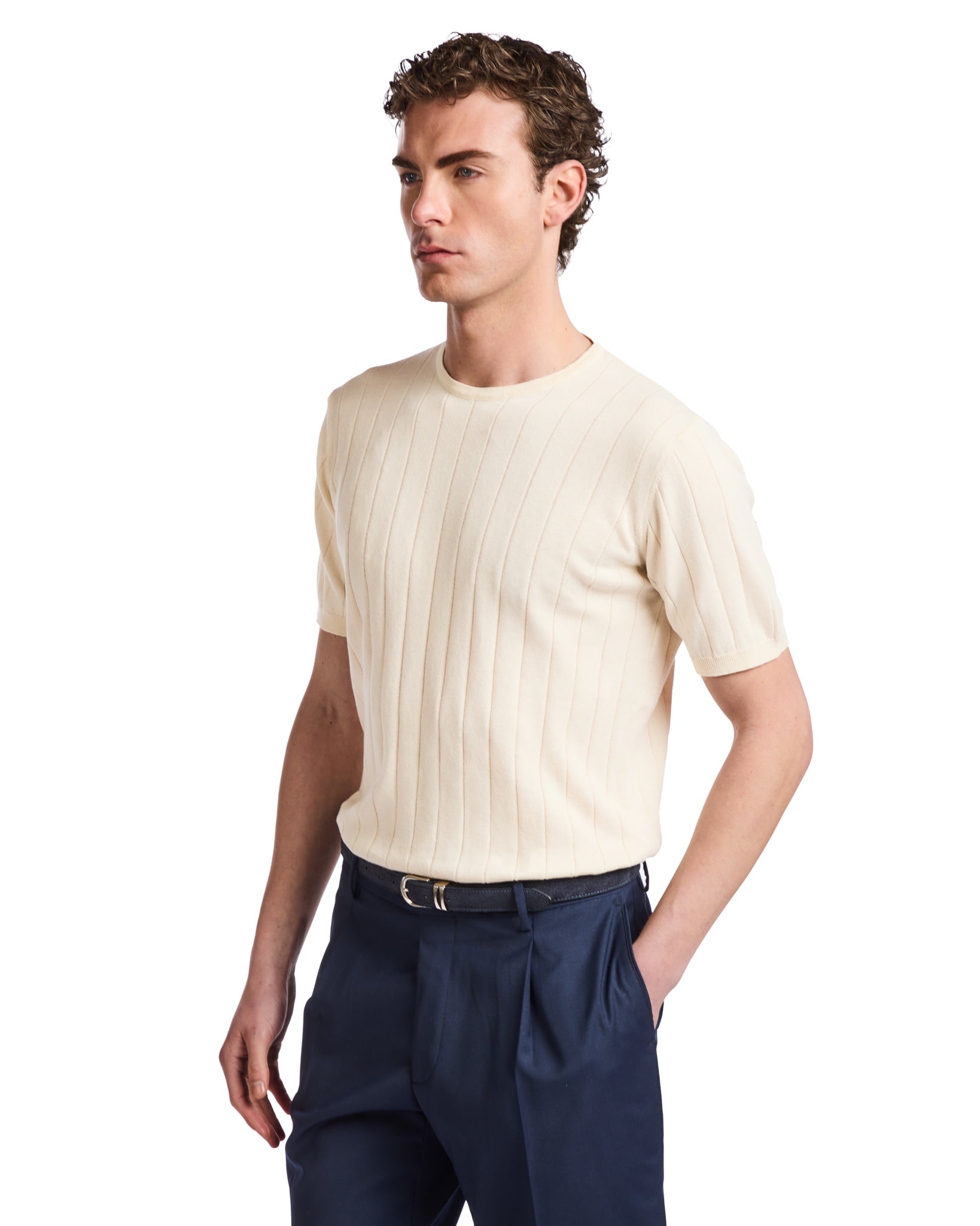 Adriano ribbed knit T-shirt in cream