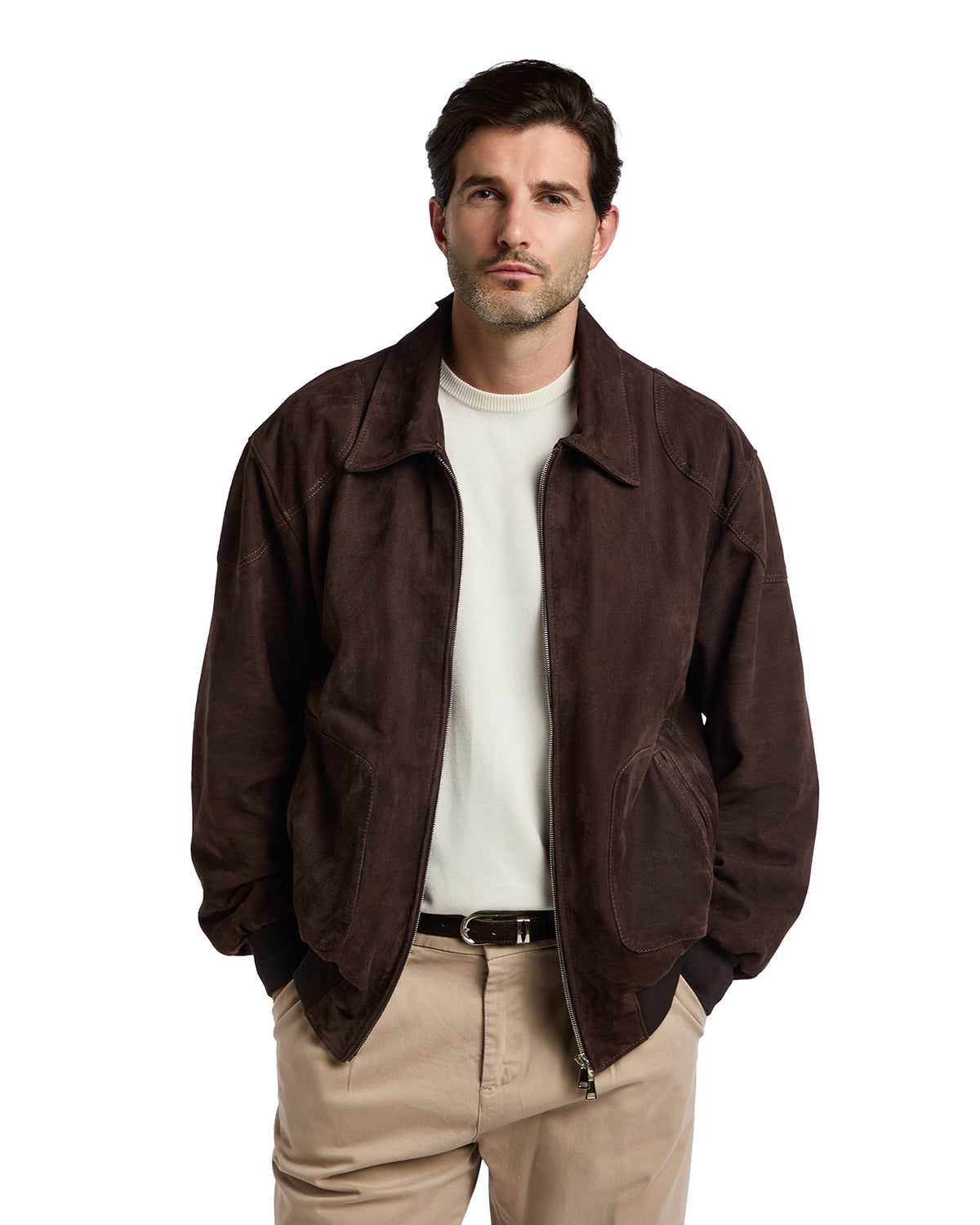 Bomber collo camicia con zip scamosciato testa di moro