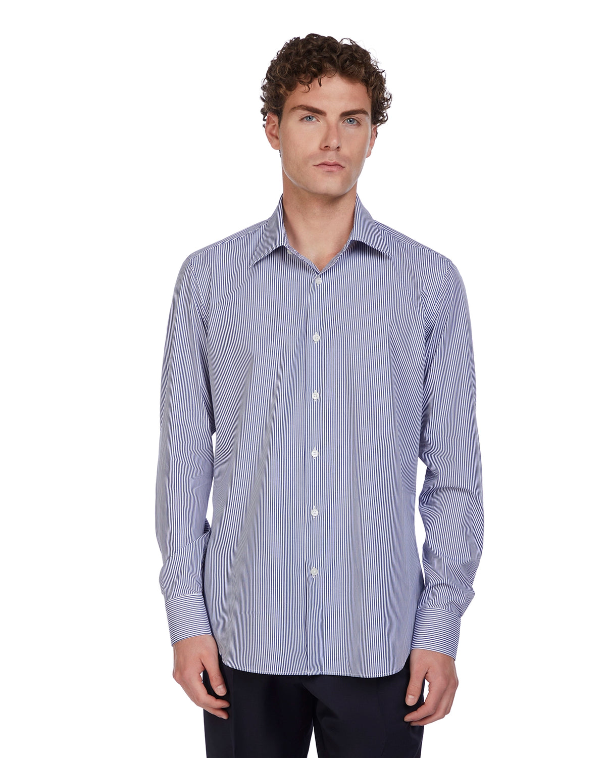 Men's slim-fit striped dress shirt in navy blue and white, made from lightweight cotton for a polished look.