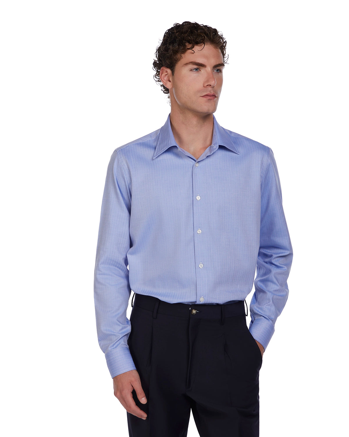 Light blue men's dress shirt in a sleek, modern fit, featuring a subtle striped pattern and classic button-down collar.