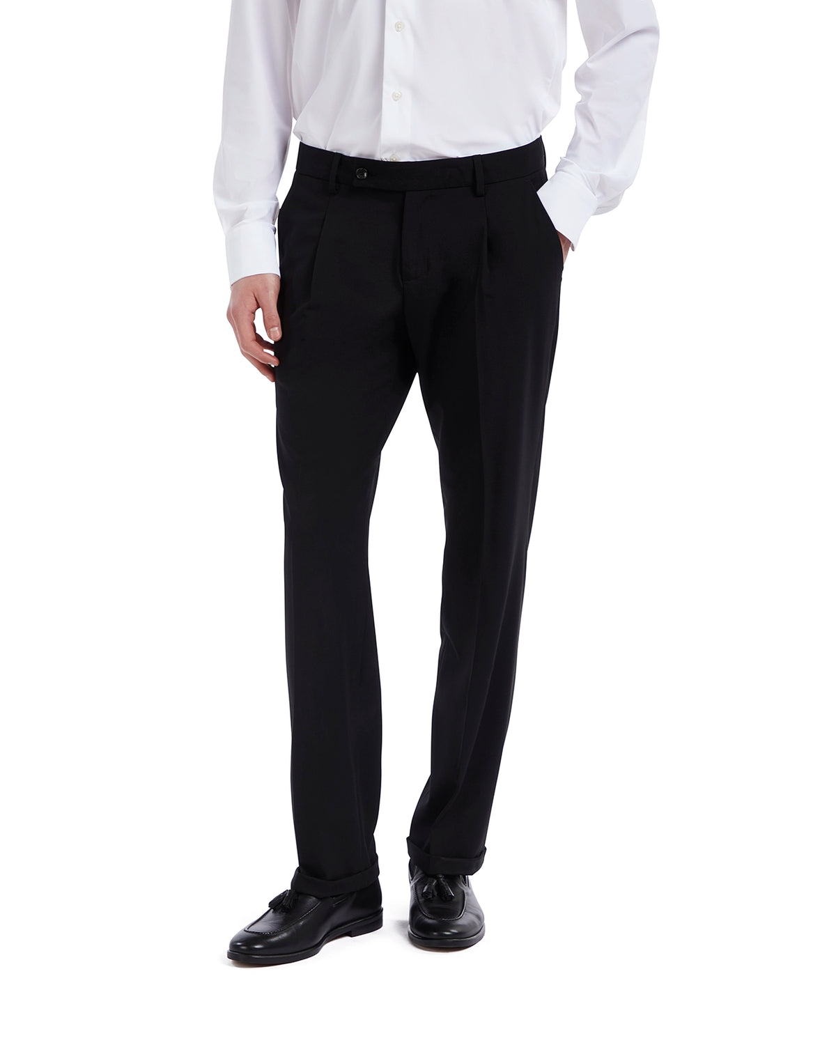 Men's black dress pants, tailored fit, pleated front, made from lightweight fabric, paired with a white shirt.