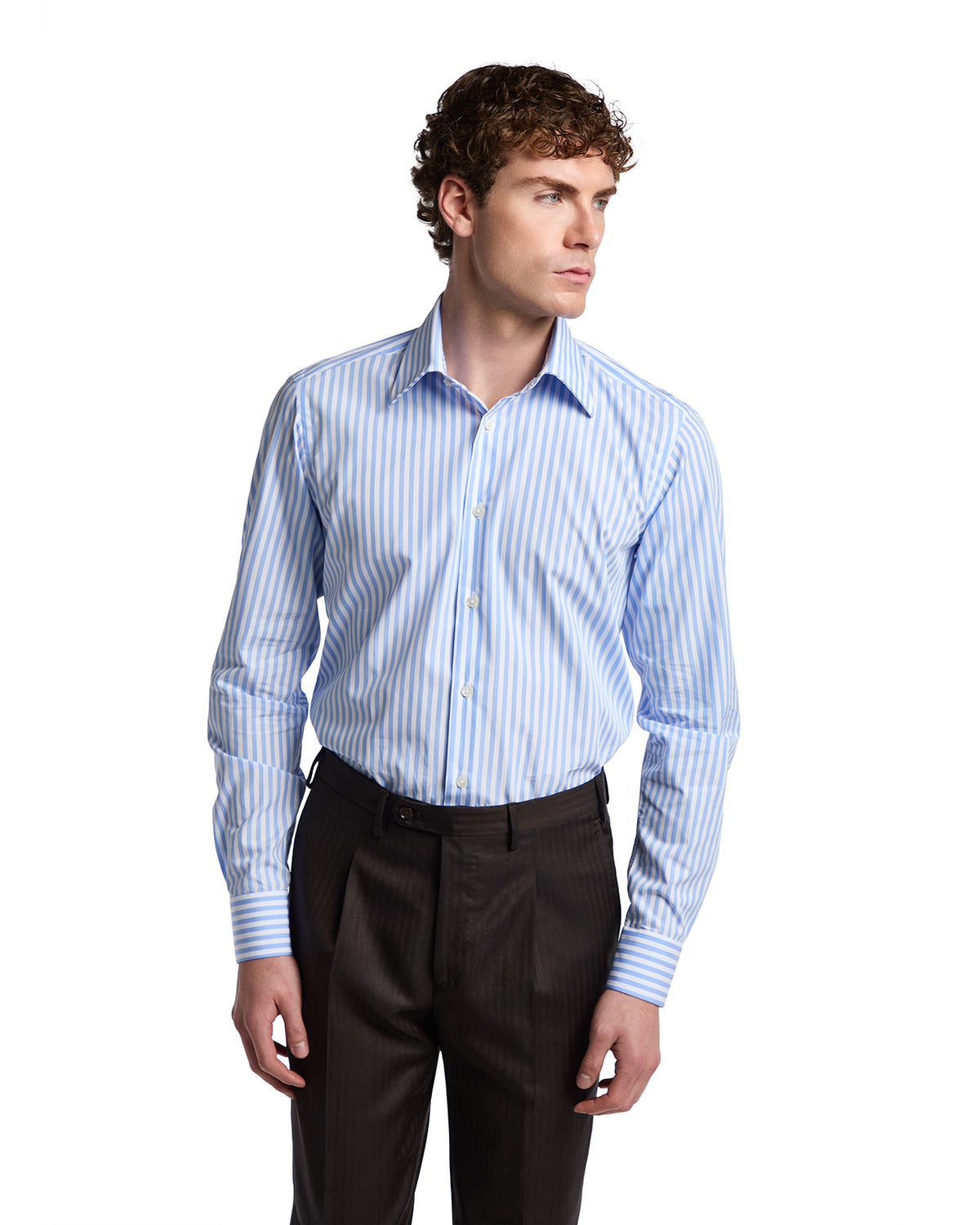 Men's blue striped dress shirt in lightweight cotton, tailored fit, paired with dark dress pants.