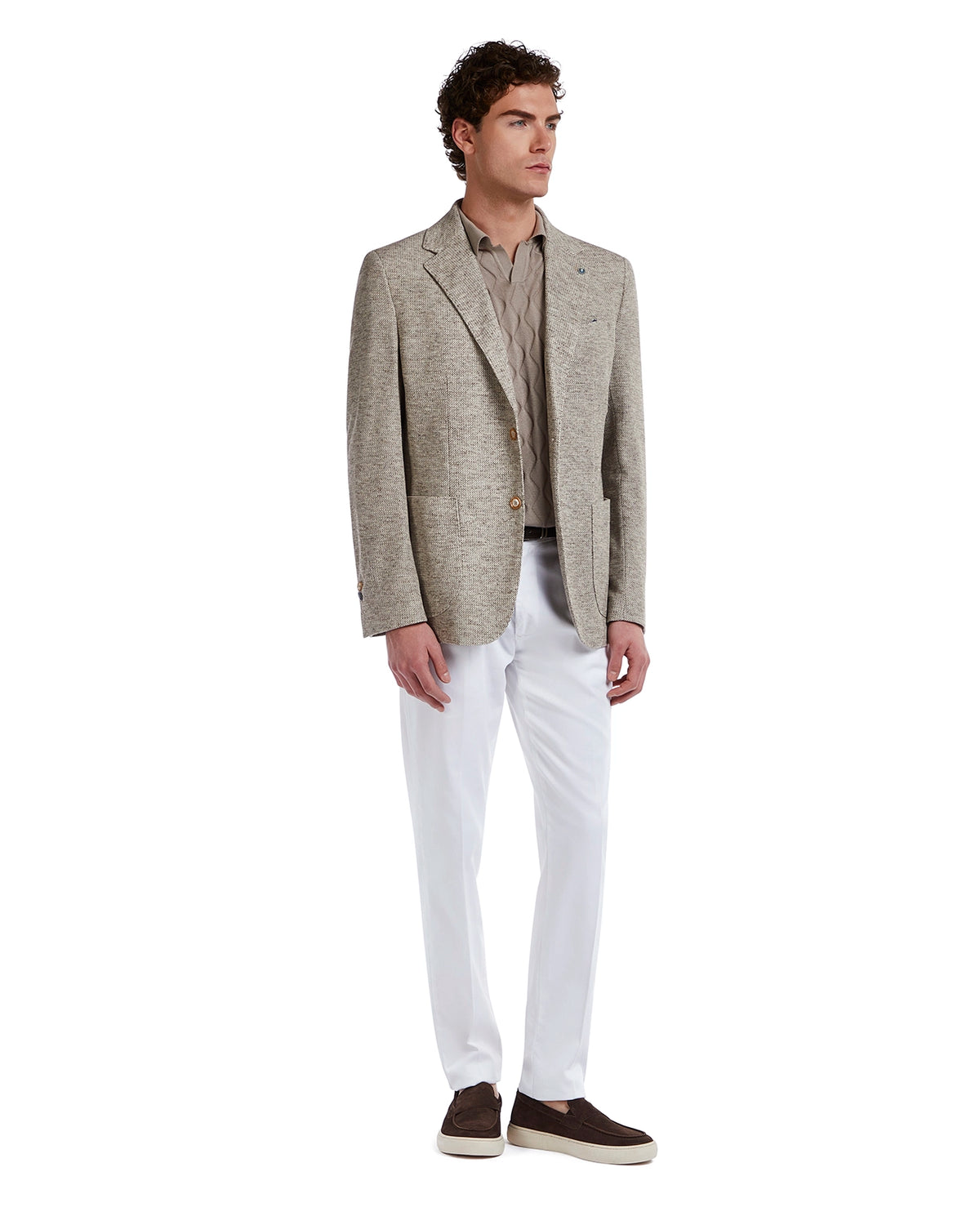 Light grey linen blazer with brown button, paired with cream shirt and white trousers, featuring a modern, casual style.
