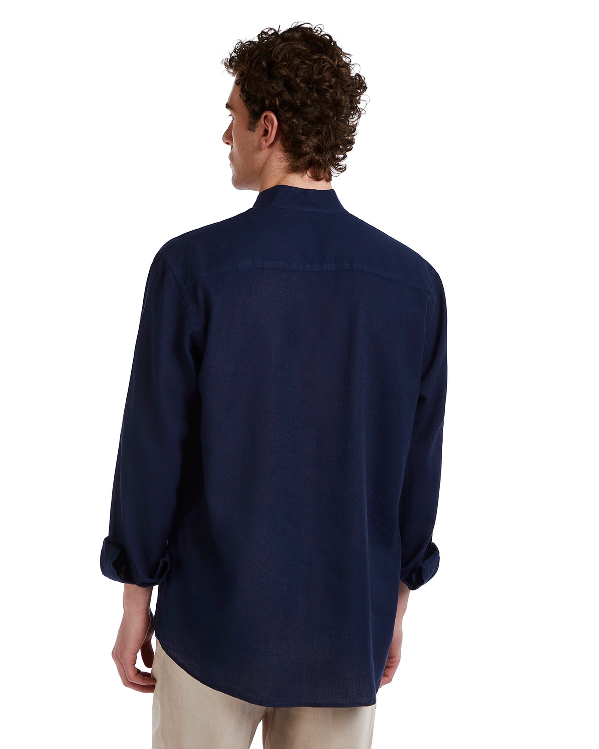 Men's navy blue linen shirt with long sleeves and a relaxed fit, perfect for casual and semi-formal occasions.