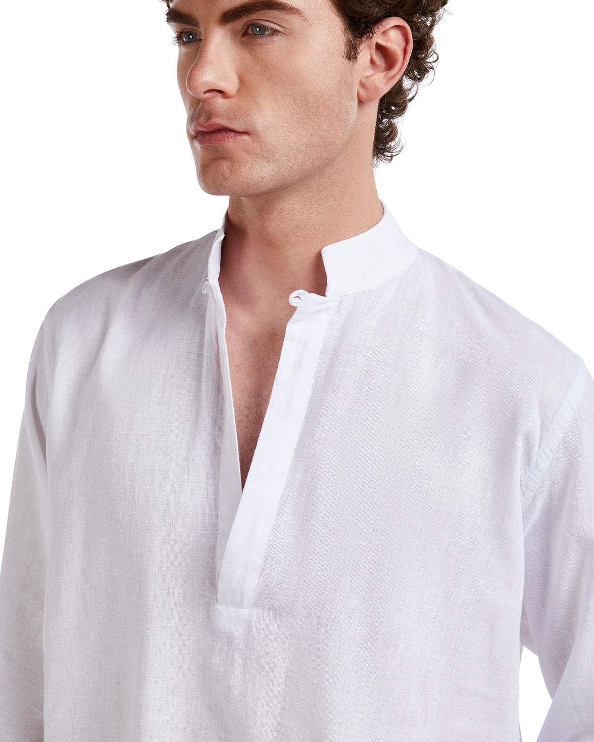 White linen men's shirt with a stand collar and button placket, perfect for casual or beachwear.