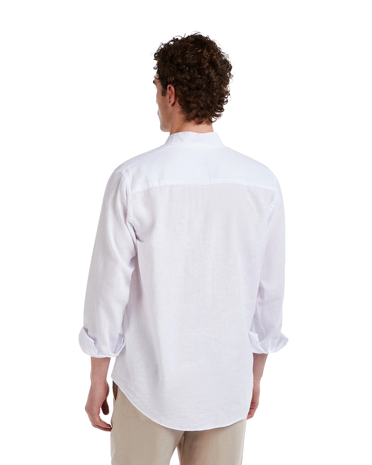 Men's white linen shirt with long sleeves, relaxed fit, perfect for casual or dressy occasions.