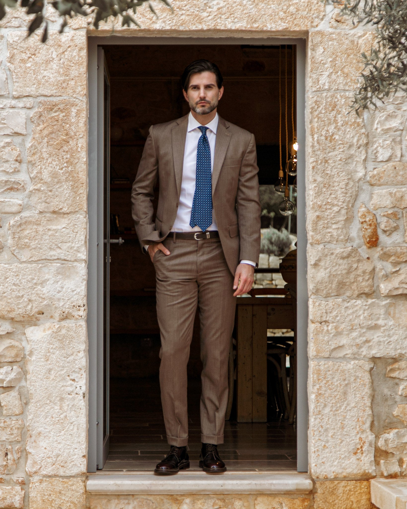 Single Breasted Herringbone Suit in Dark Brown - Vitale Barberis Canonico