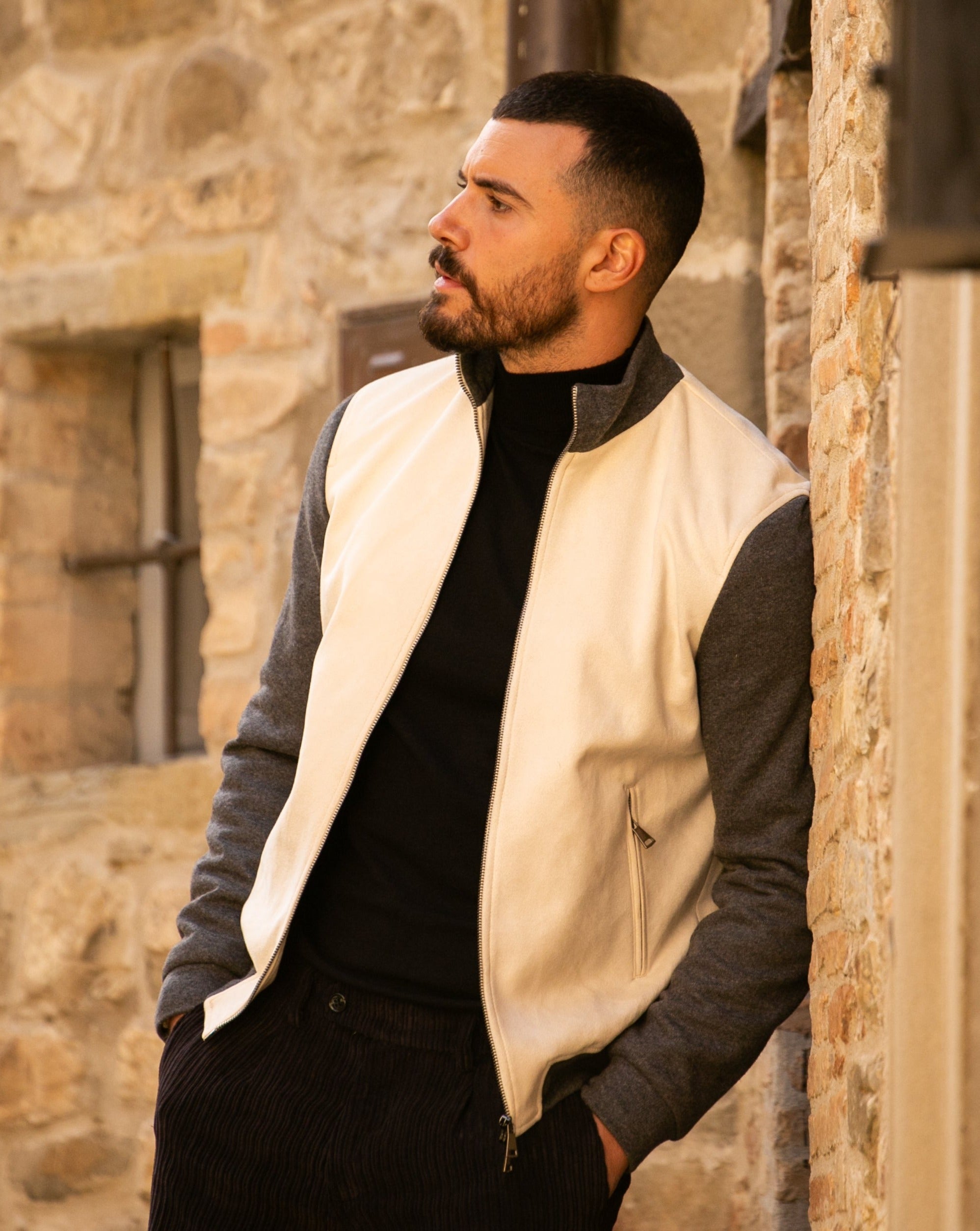 Travis - cream eco-suede jacket with zip