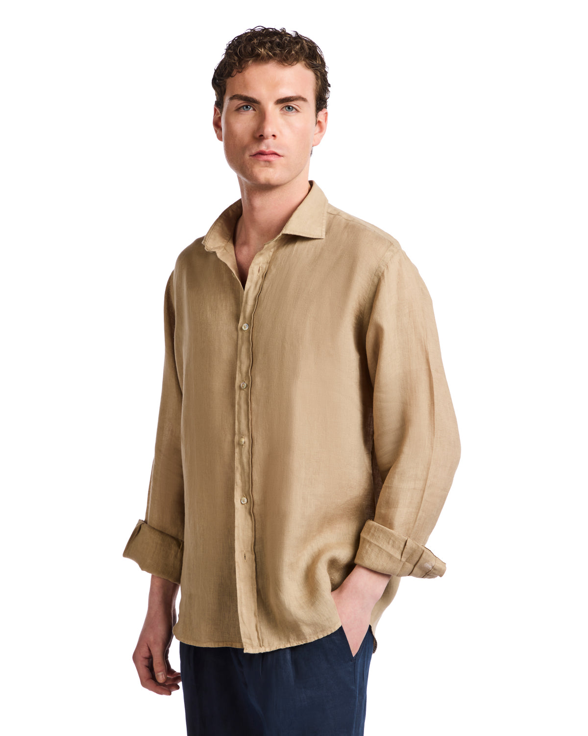Men's beige linen shirt with a relaxed fit, long sleeves, and a classic collar, perfect for casual or smart-casual wear.
