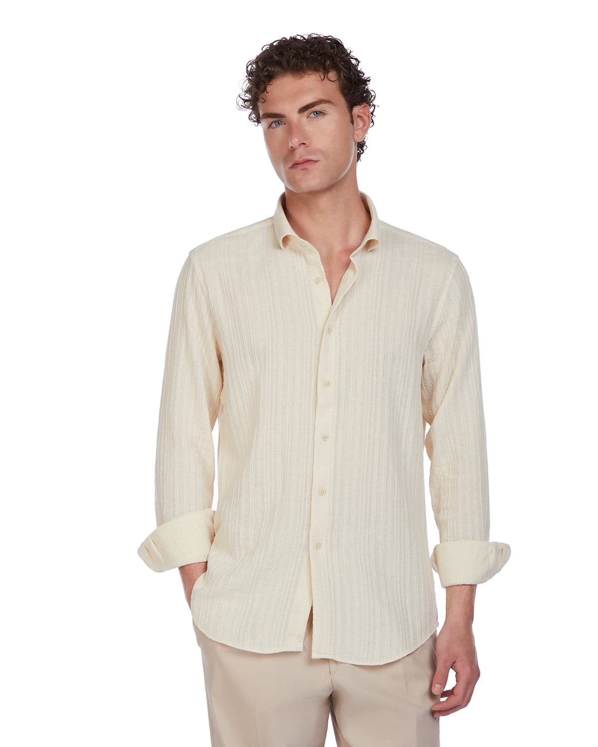 Men's cream relaxed-fit button-up shirt made from soft, lightweight fabric, perfect for casual or smart-casual wear.