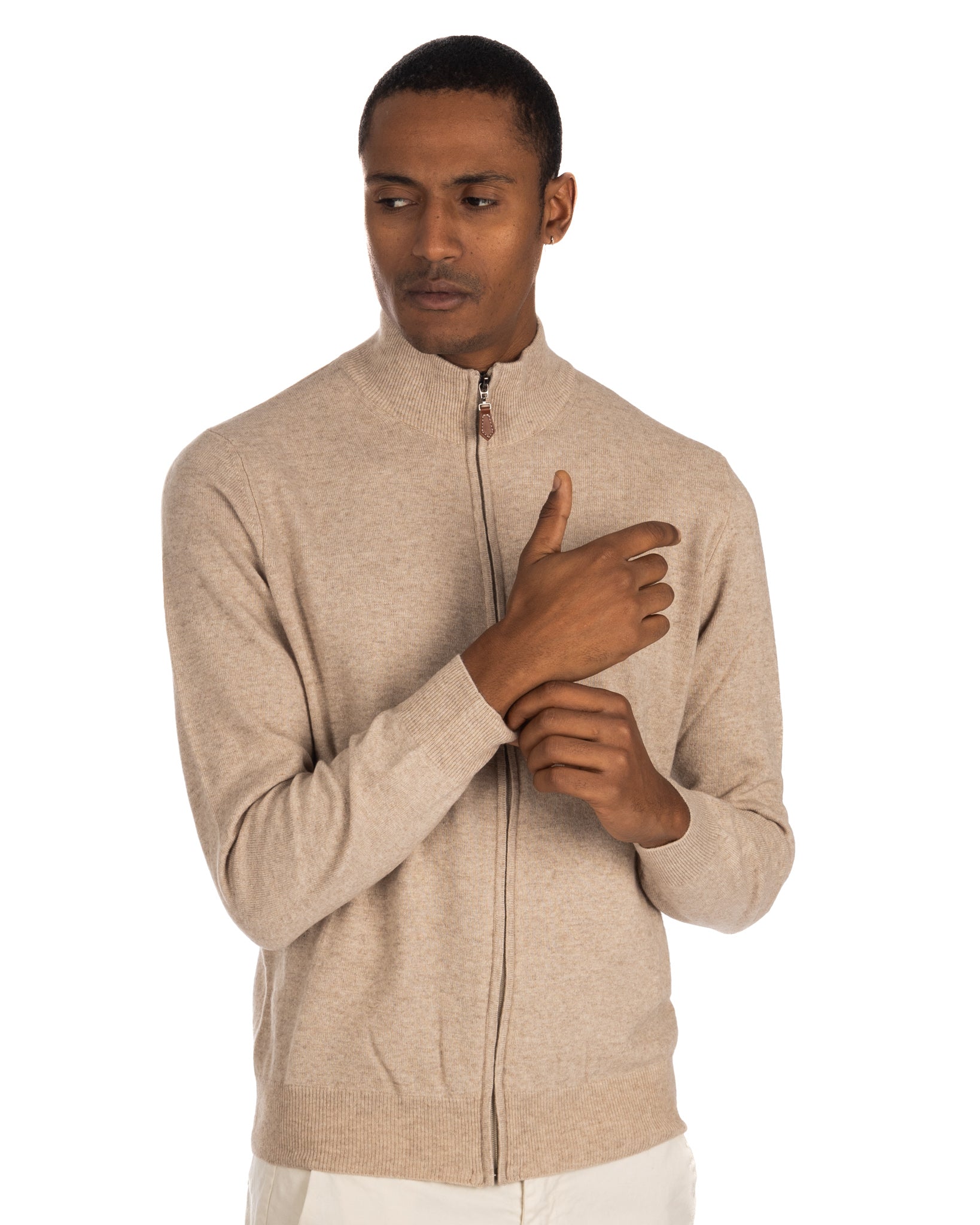 Matt - beige full zip sweater in cashmere blend