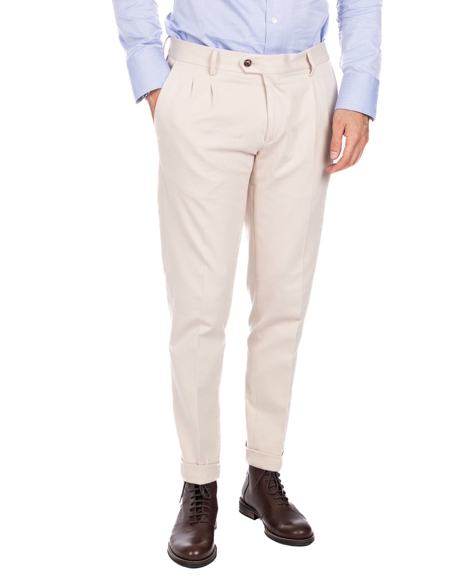 Thomas - cream two-pleat trousers in milano stitch