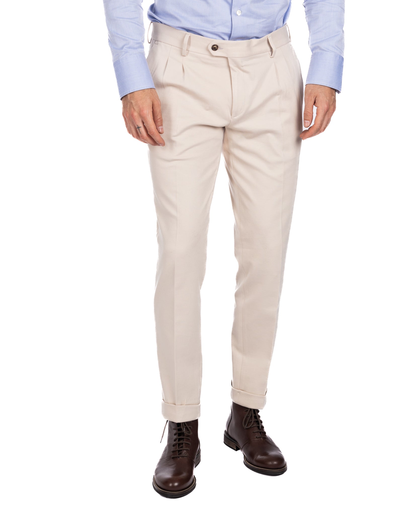 Thomas - cream two-pleat trousers in milano stitch