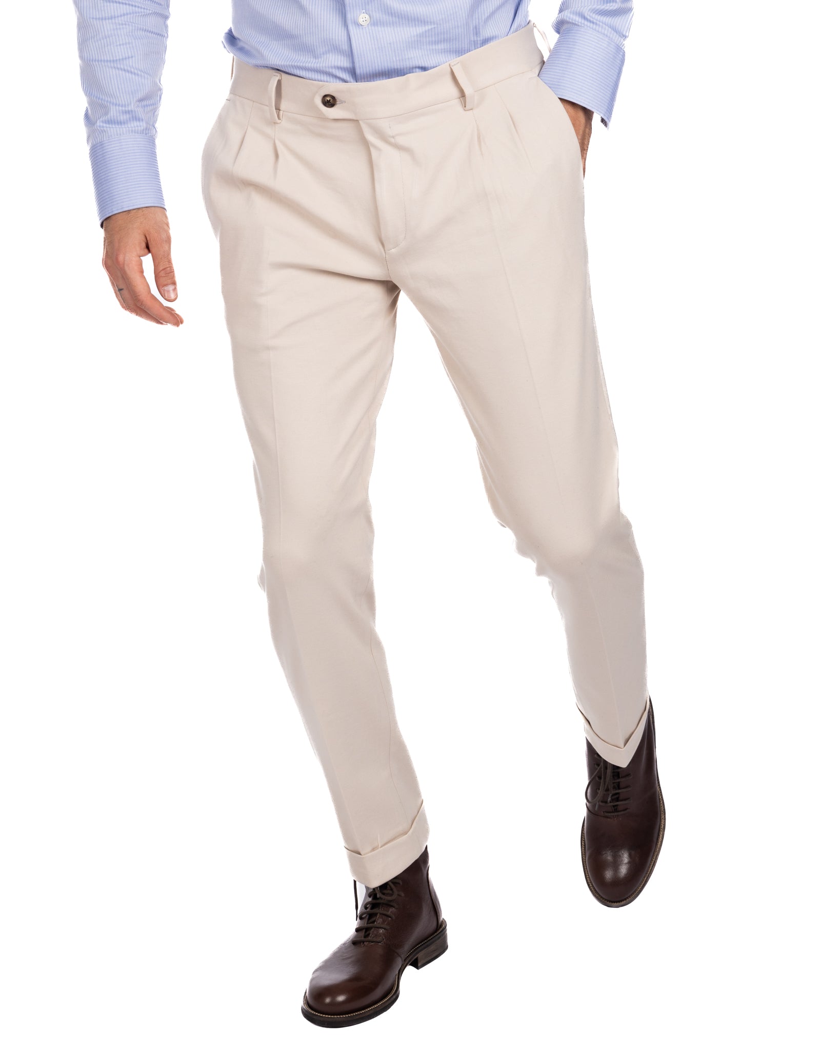 Thomas - cream two-pleat trousers in milano stitch