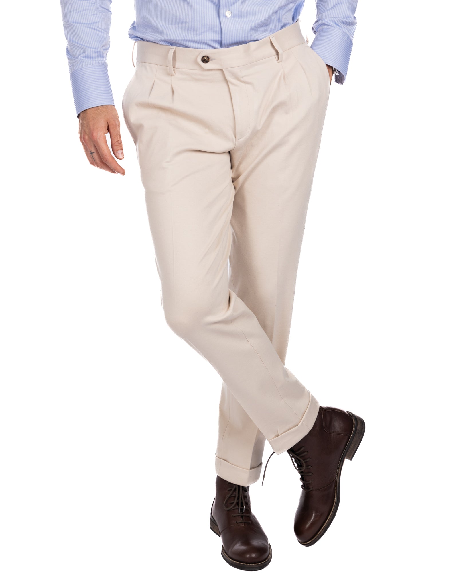Thomas - cream two-pleat trousers in milano stitch