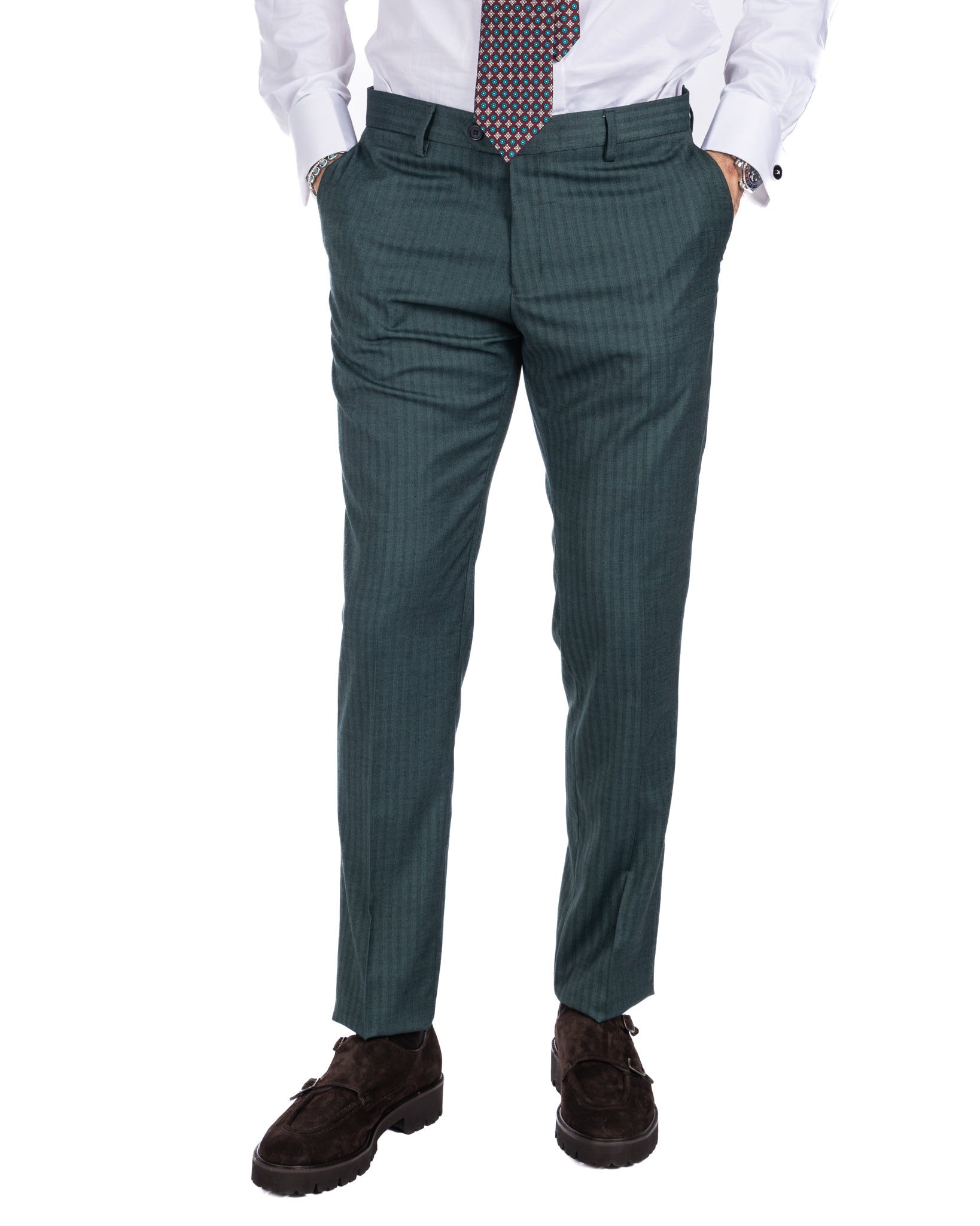 Paris - green striped double-breasted suit with chrome buttons