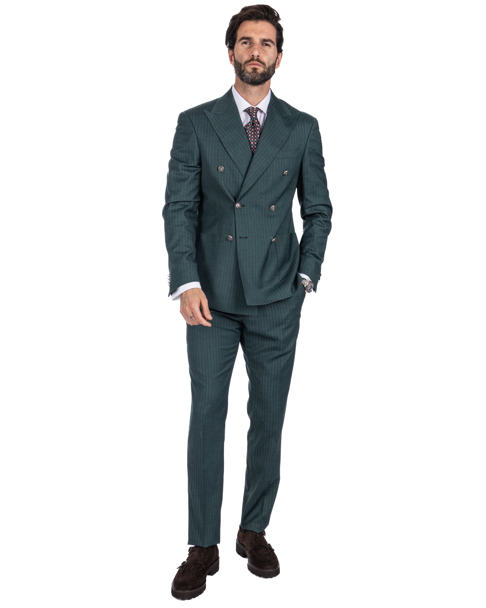 Paris - green striped double-breasted suit with chrome buttons