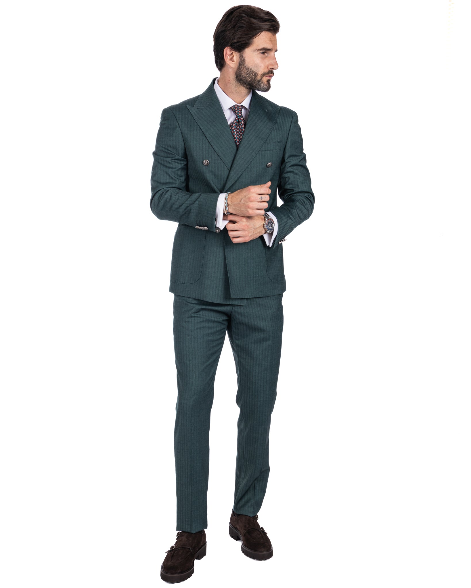 Paris - green striped double-breasted suit with chrome buttons