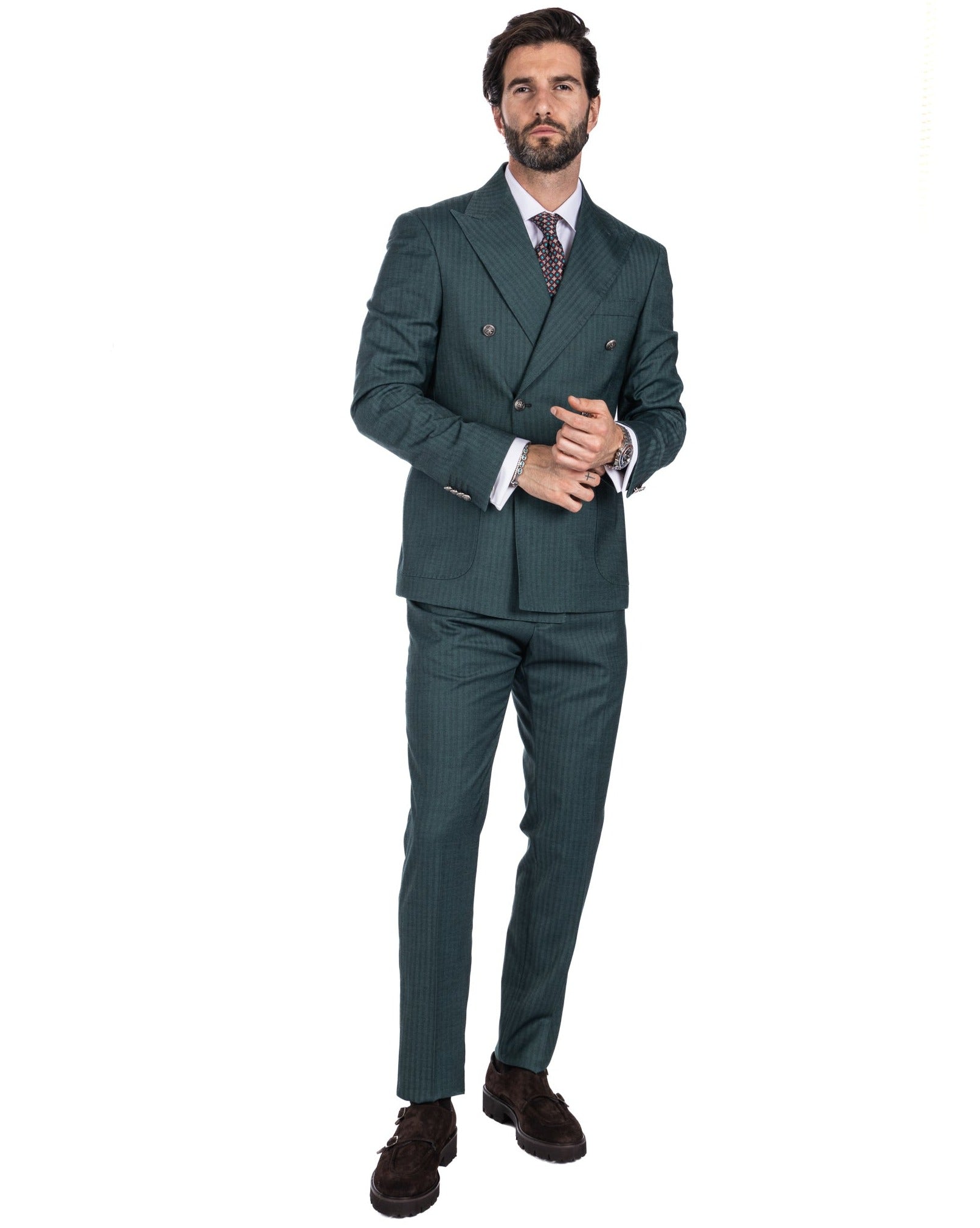 Paris - green striped double-breasted suit with chrome buttons