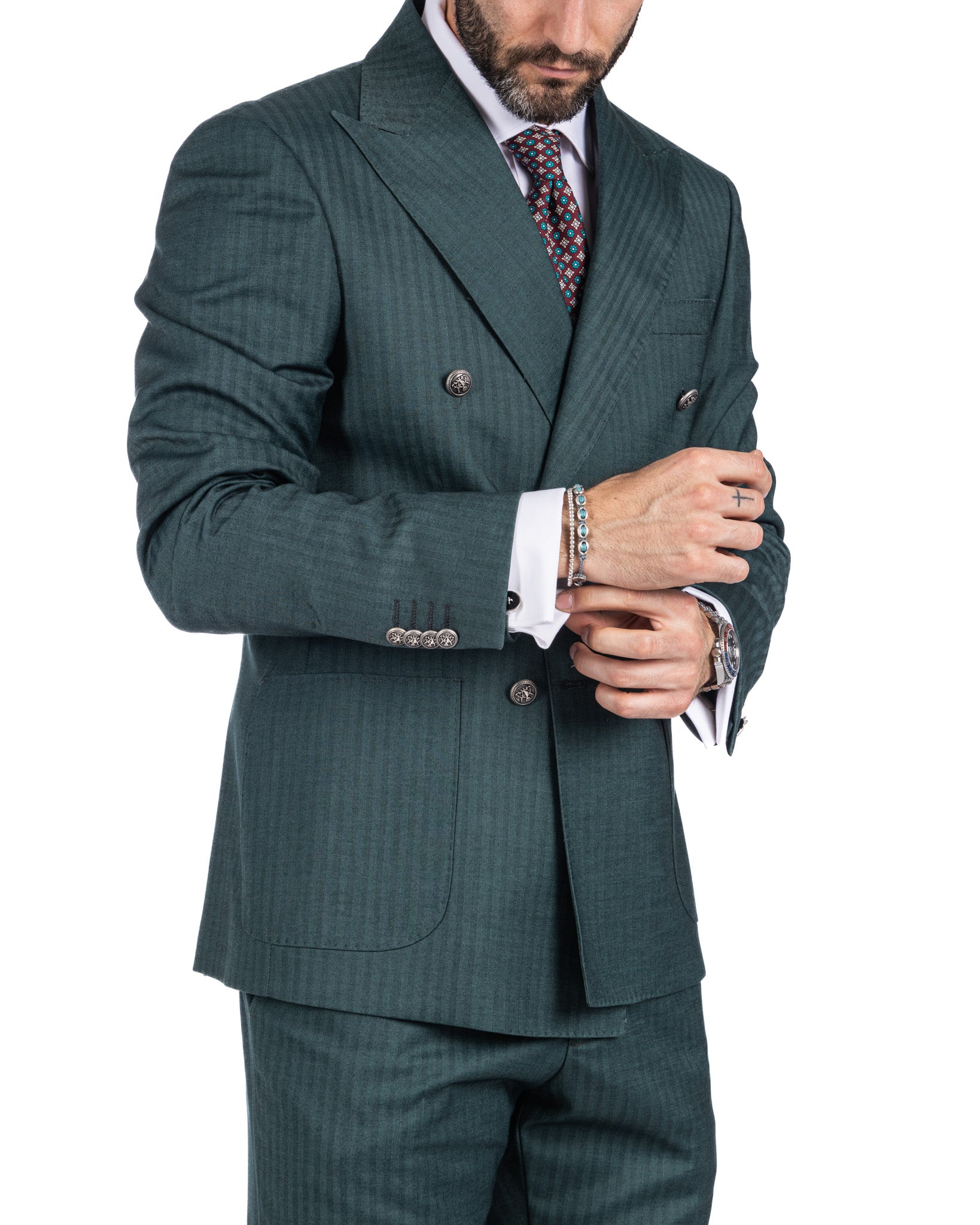 Paris - green striped double-breasted suit with chrome buttons