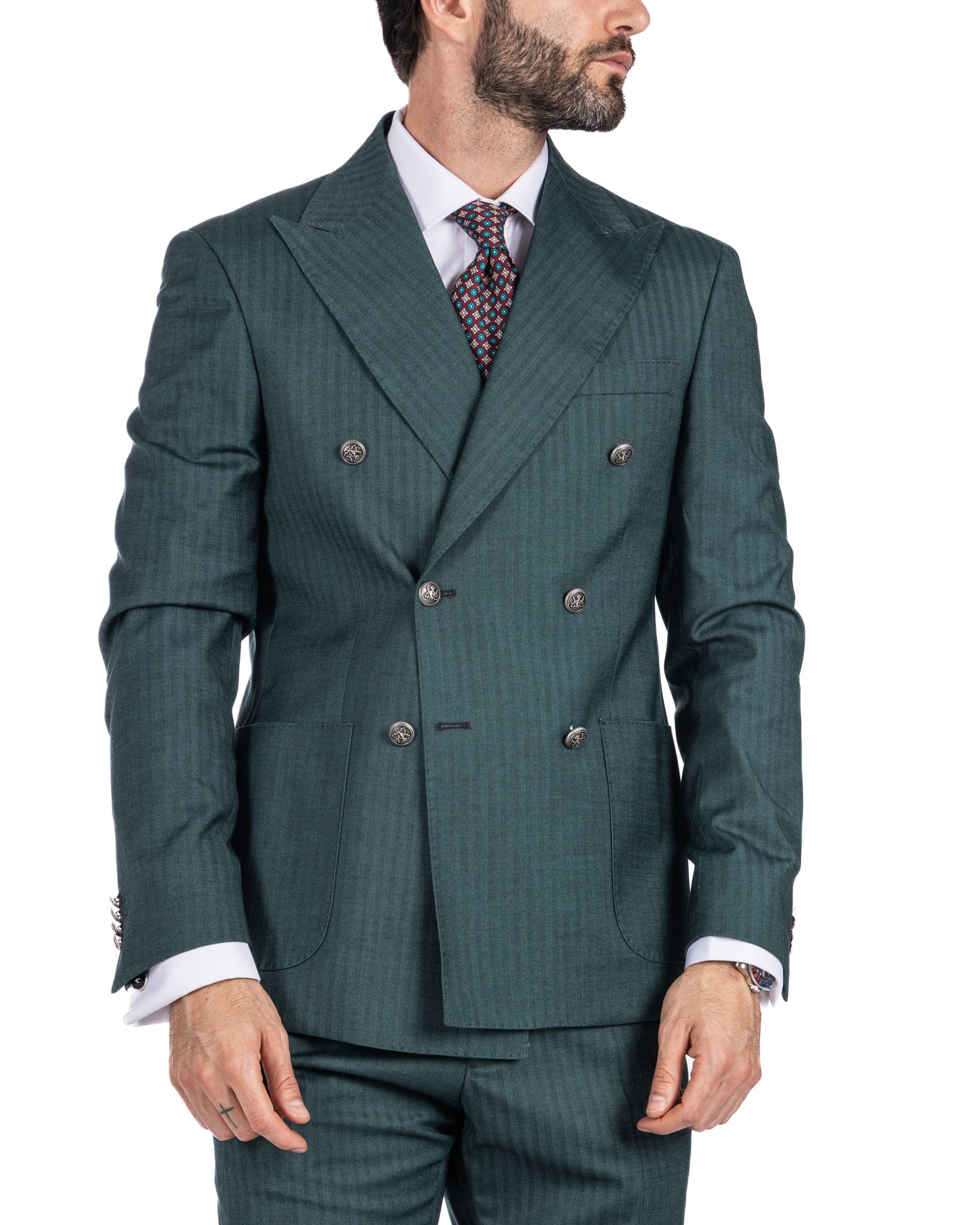 Paris - green striped double-breasted suit with chrome buttons