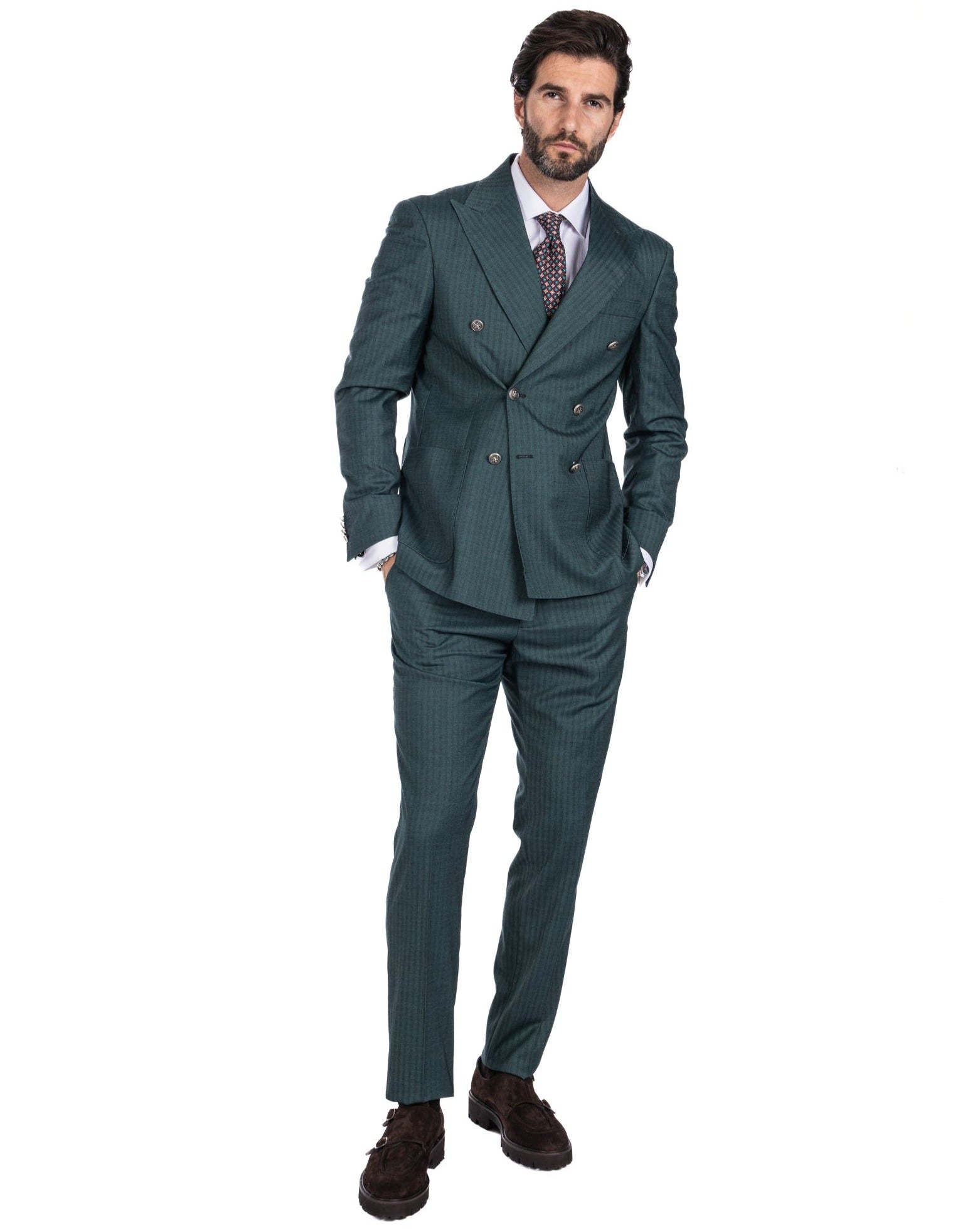 Paris - green striped double-breasted suit with chrome buttons