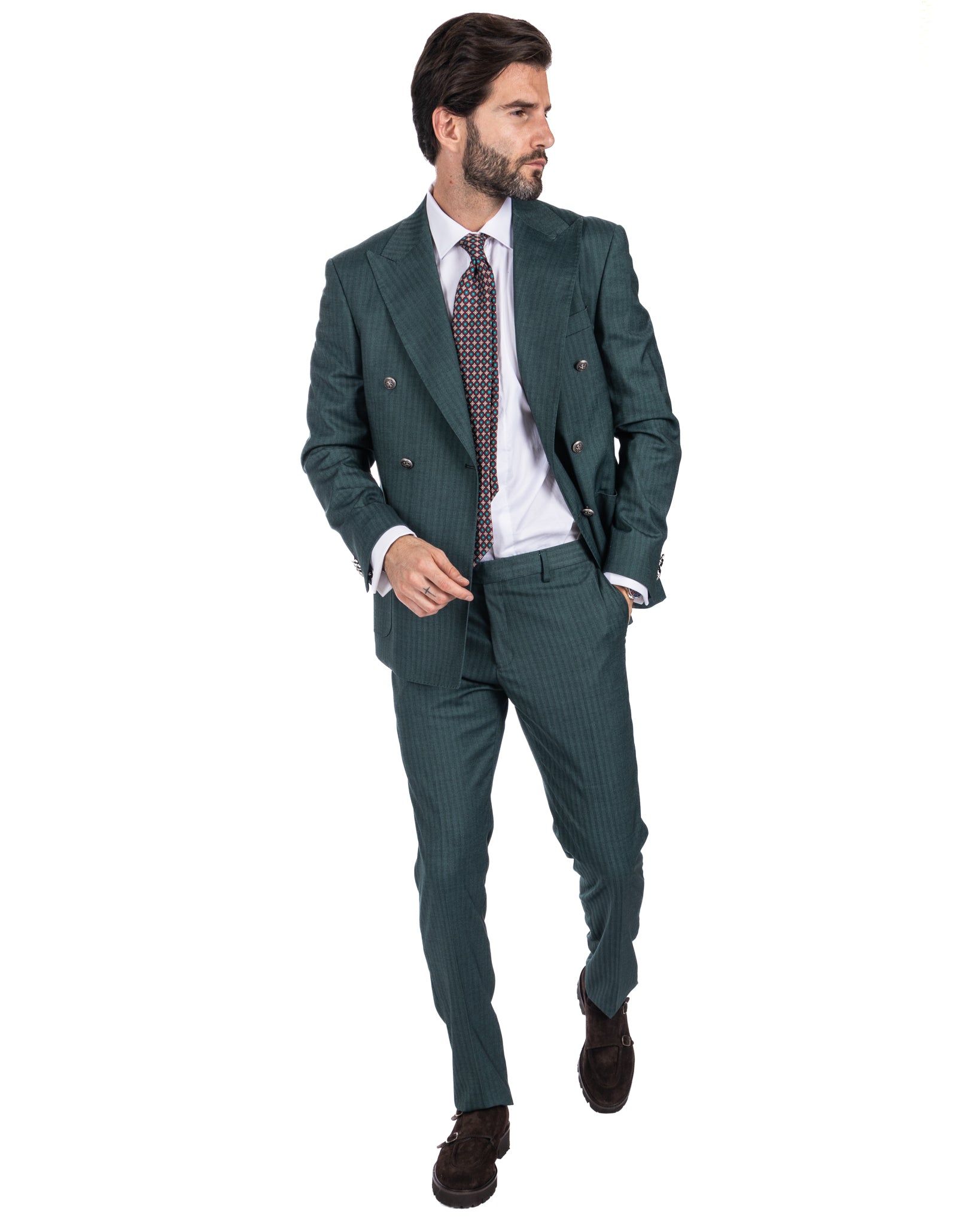 Paris - green striped double-breasted suit with chrome buttons
