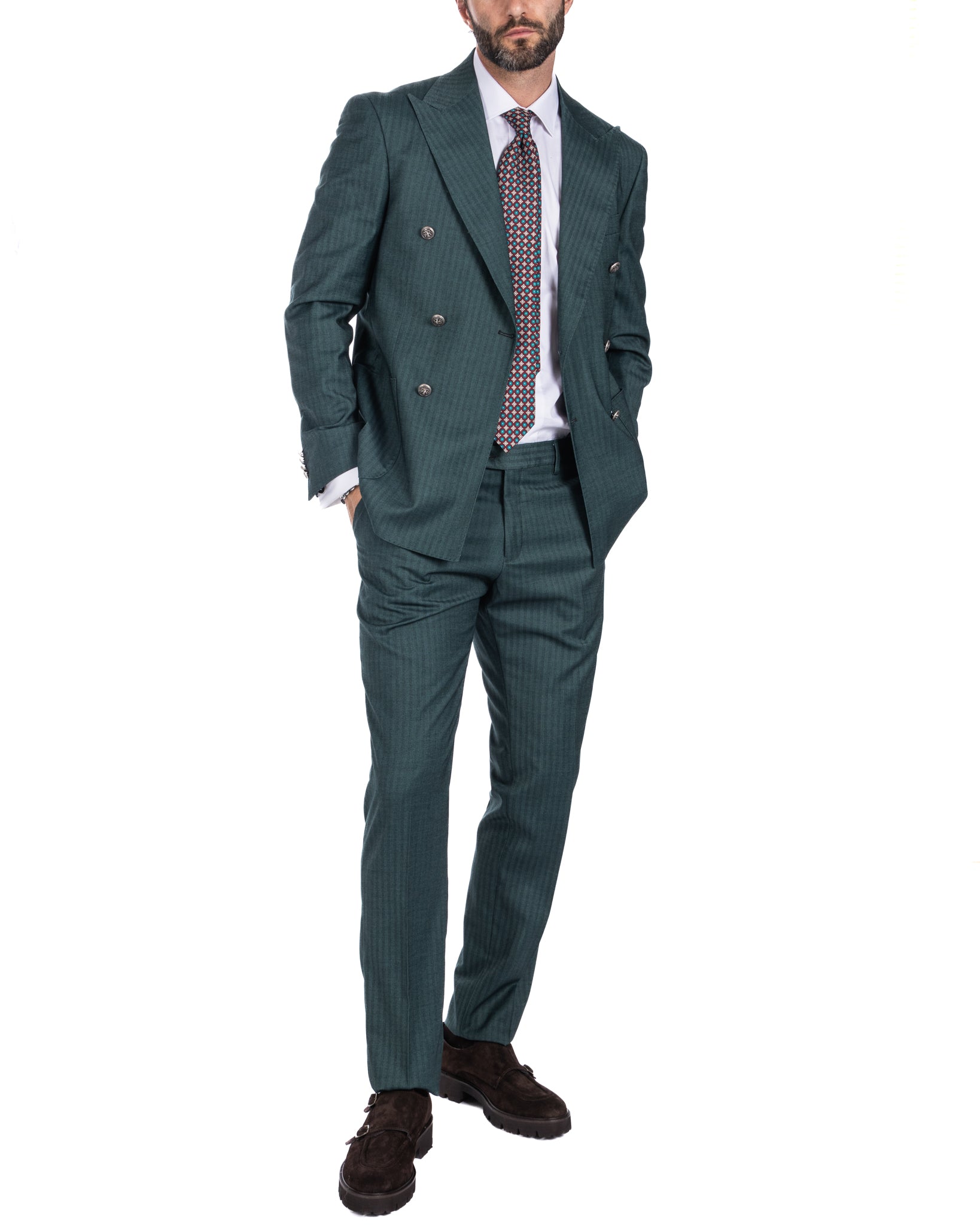 Paris - green striped double-breasted suit with chrome buttons