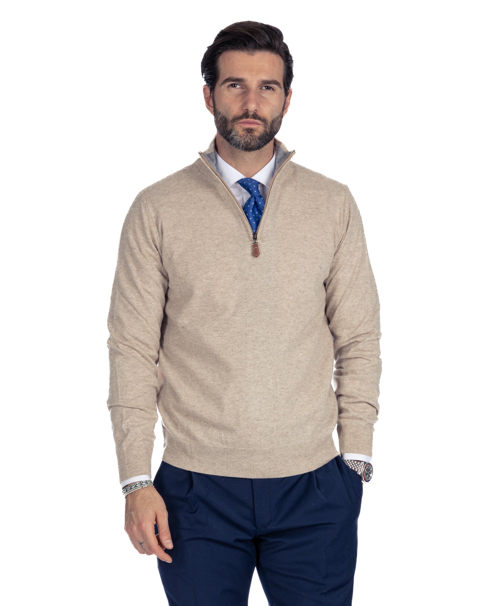 Rory - beige cashmere blend zip sweater