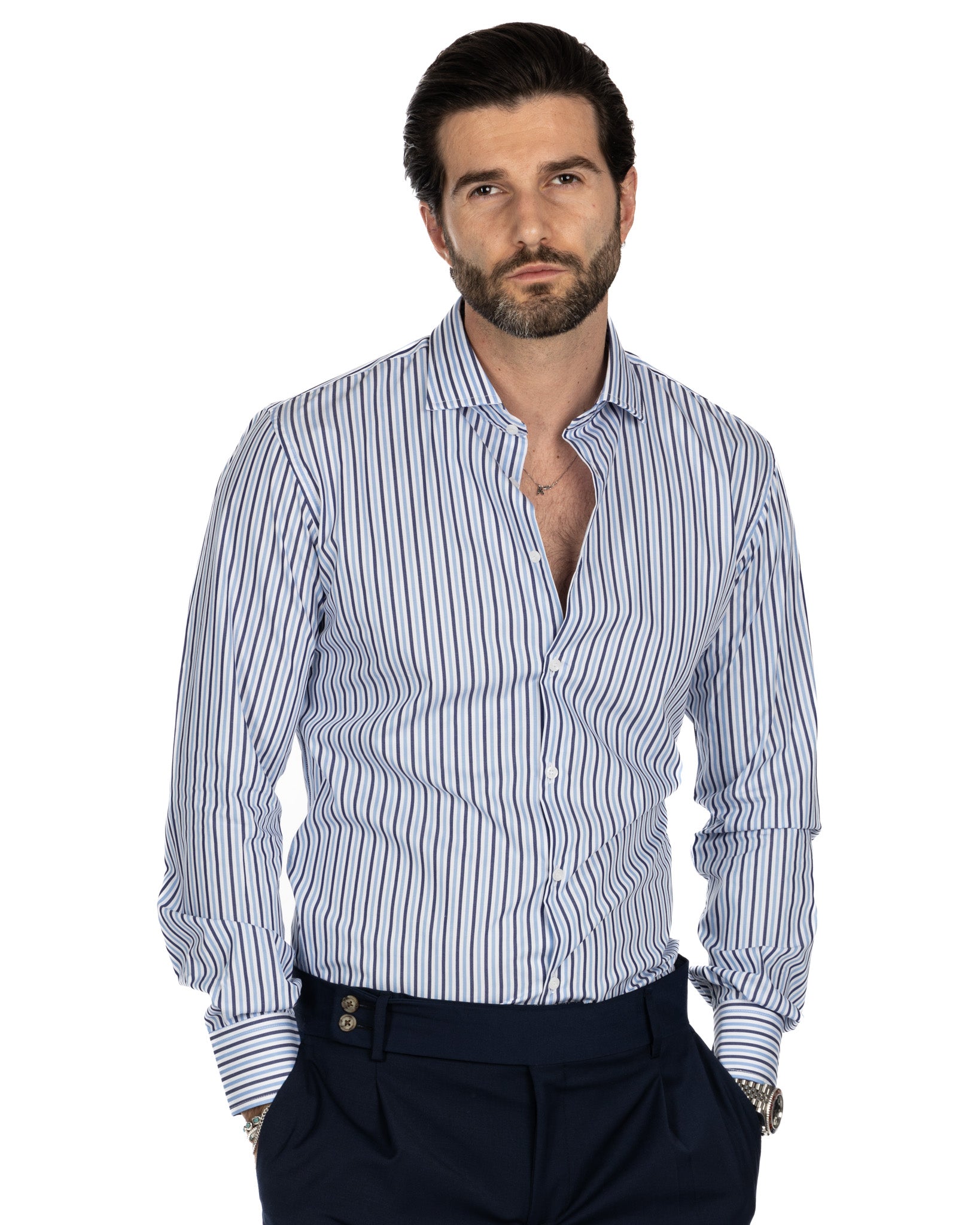Shirt - slim fit light blue and blue stripes