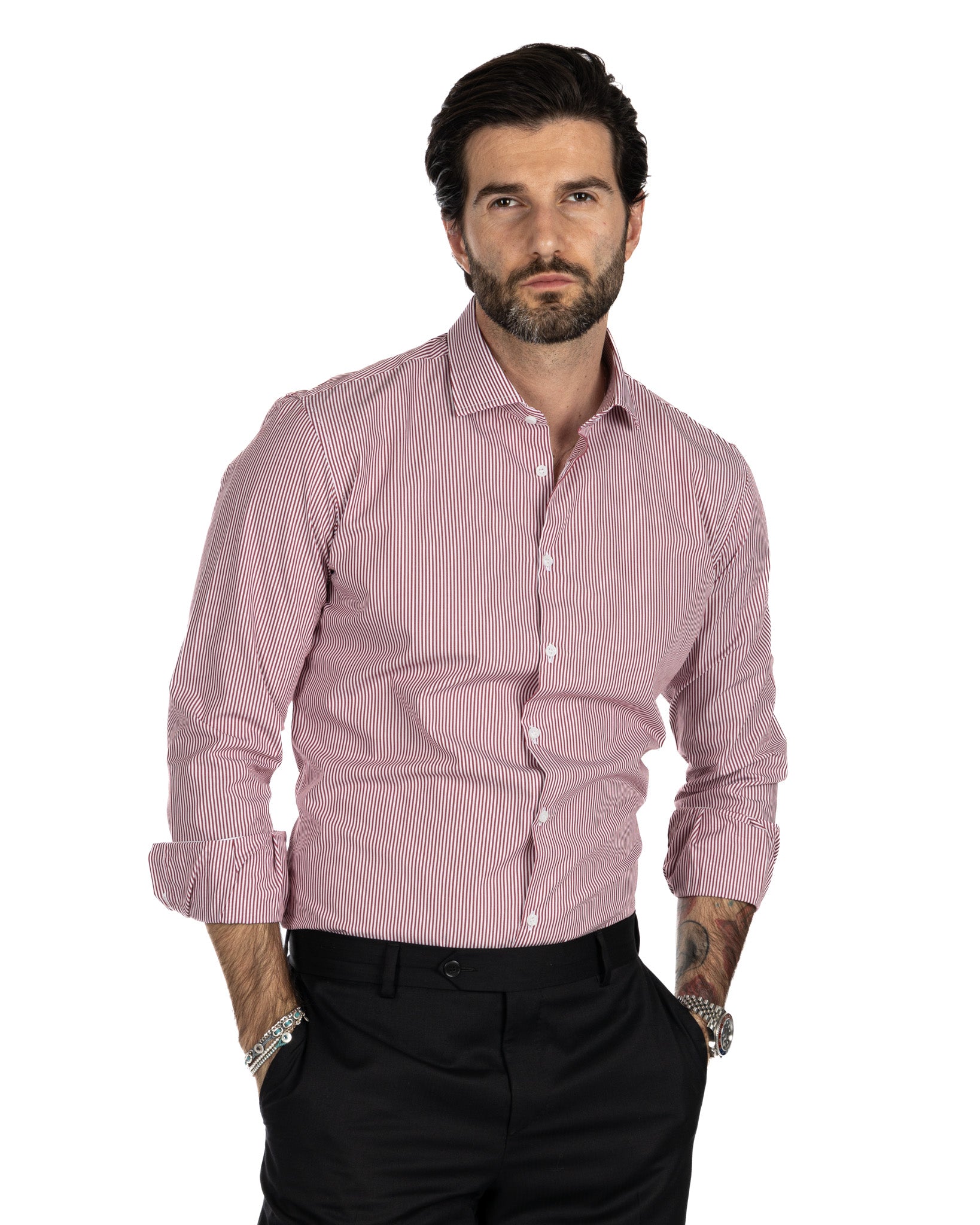 Chemise - slim fit stripe burgundy