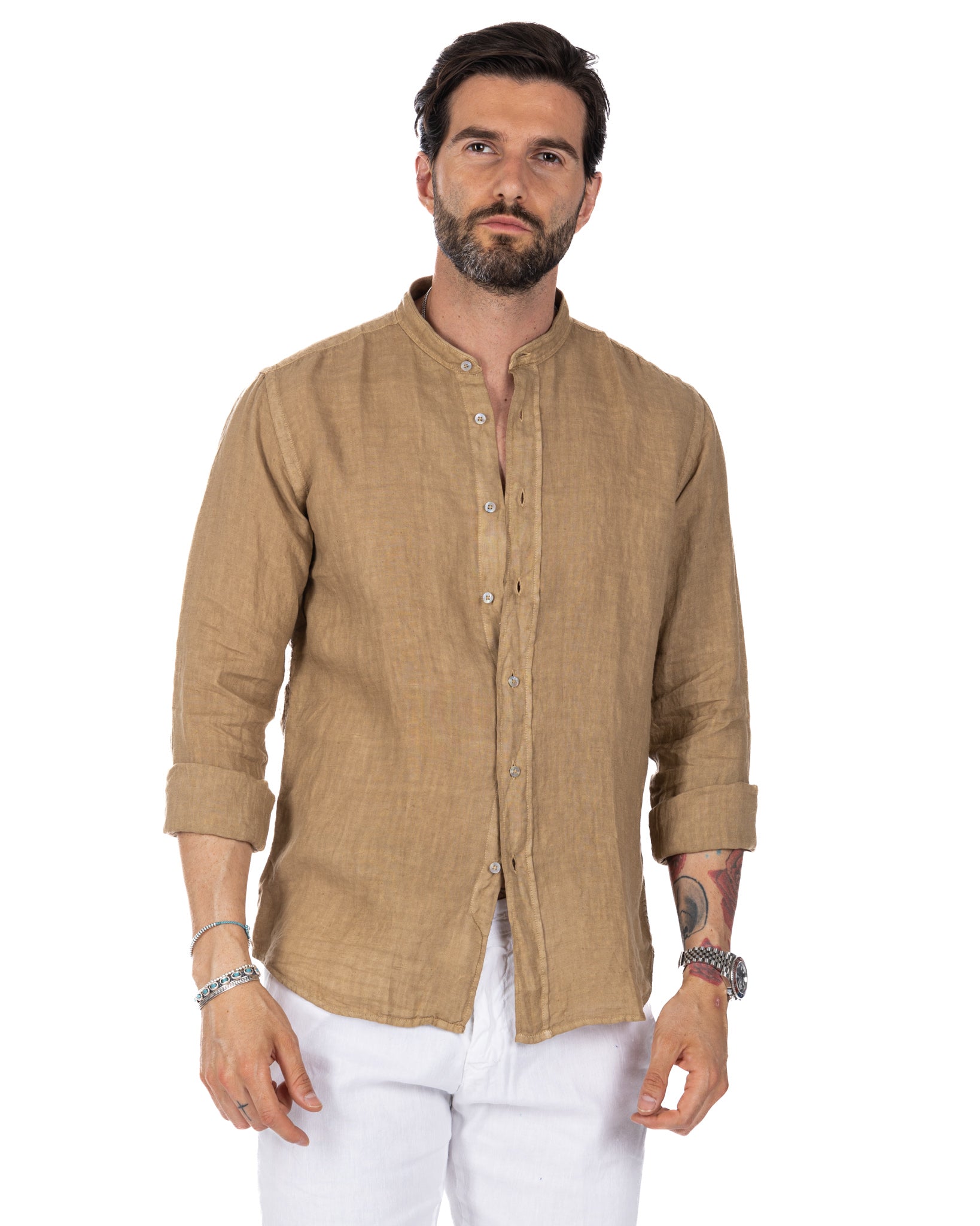 Nizza - camicia coreana in puro lino beige