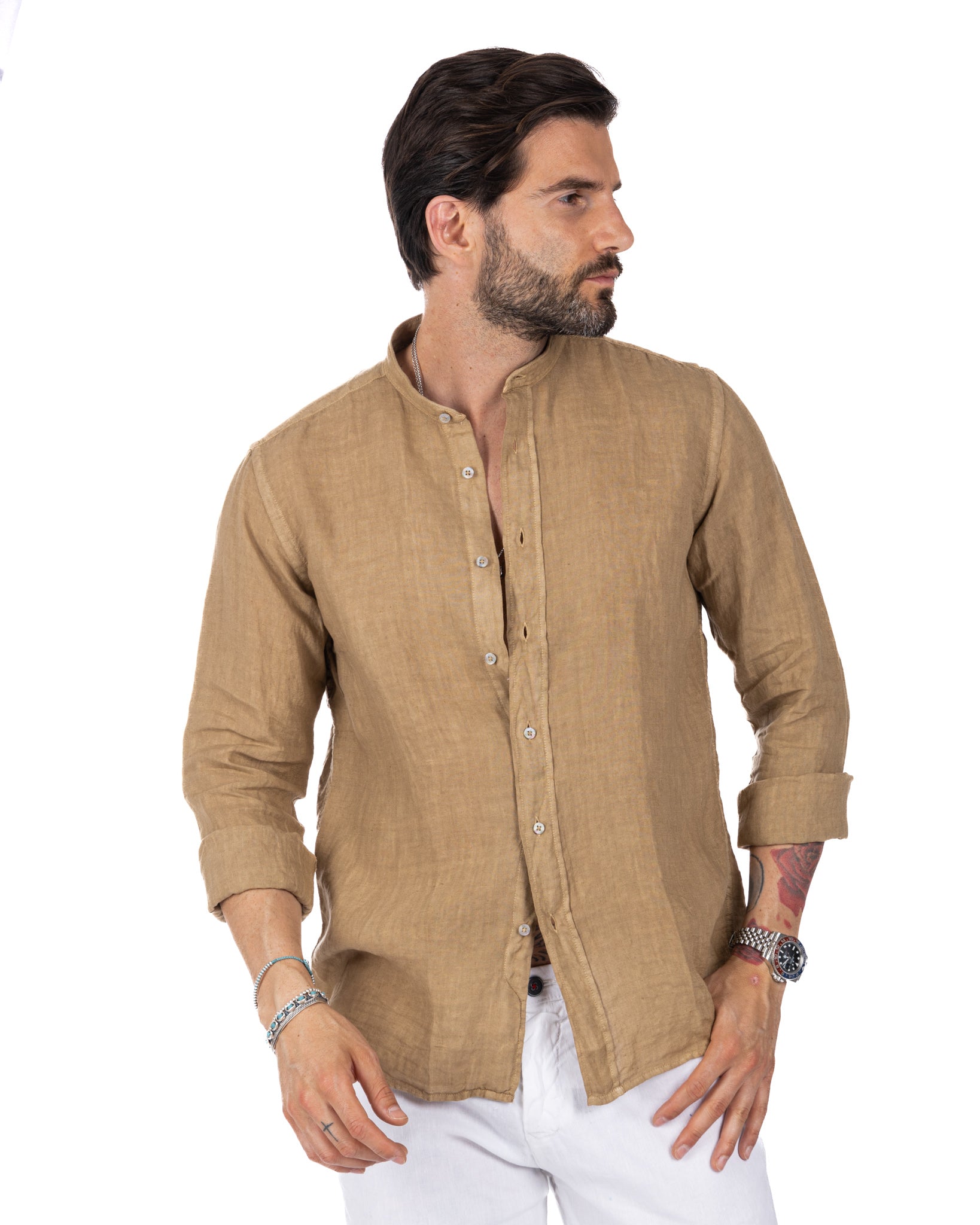 Nizza - camicia coreana in puro lino beige
