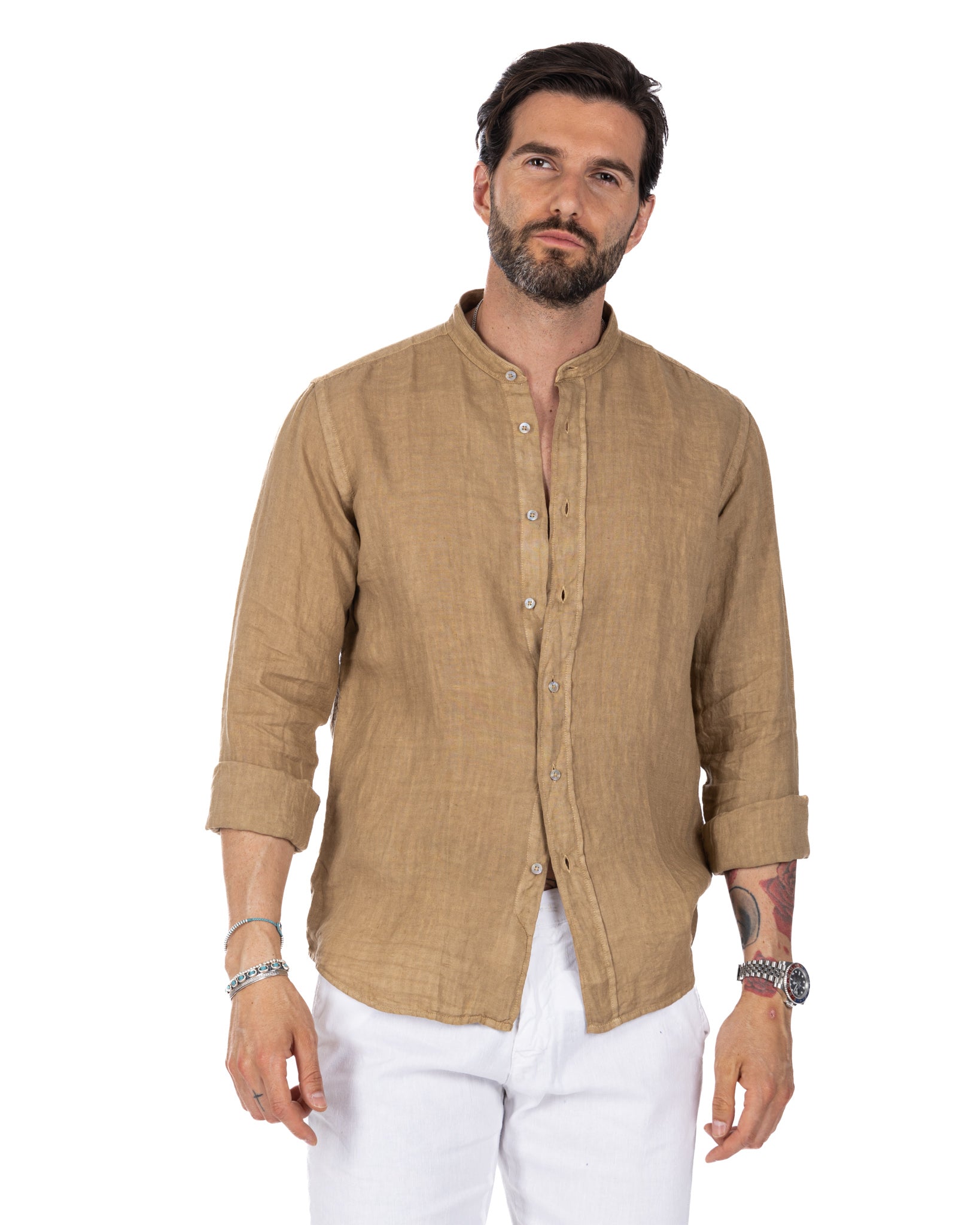 Nizza - camicia coreana in puro lino beige