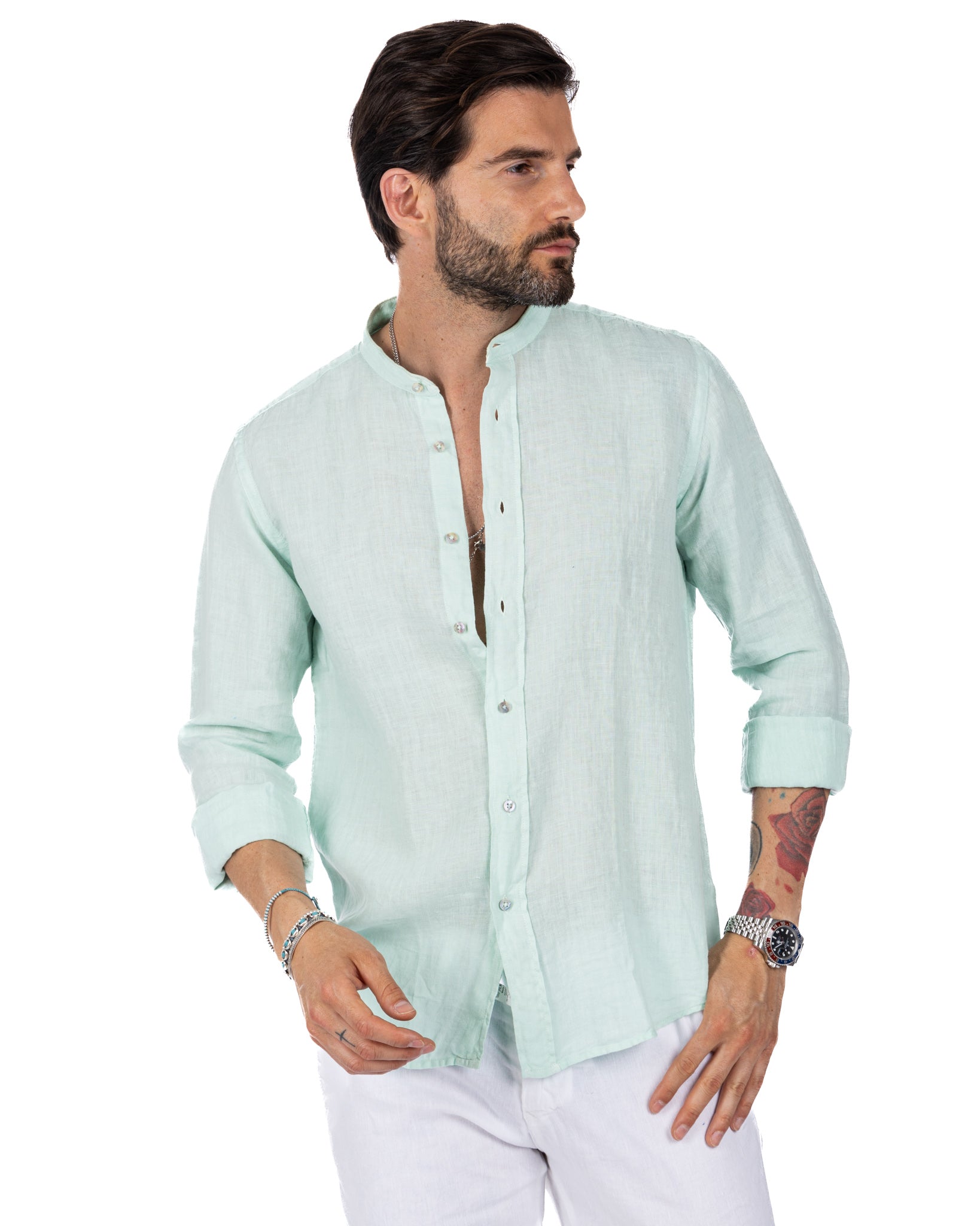 Nizza - Korean shirt in aqua green pure linen