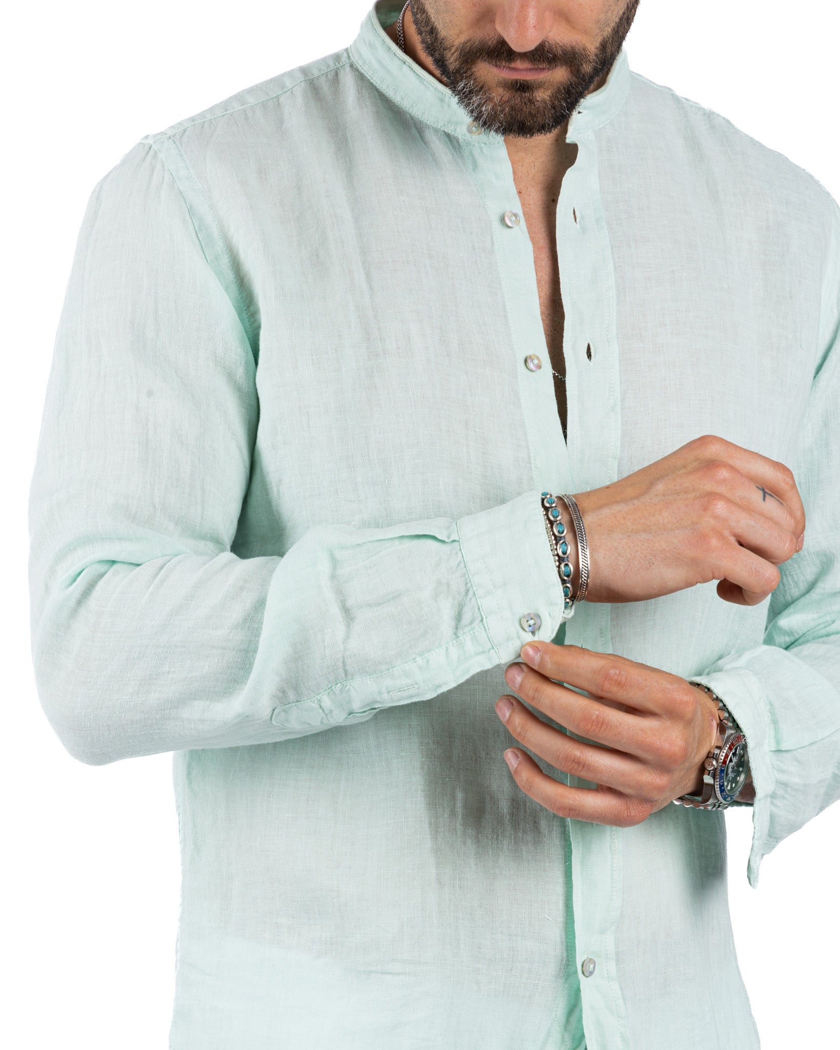 Nizza - Korean shirt in aqua green pure linen